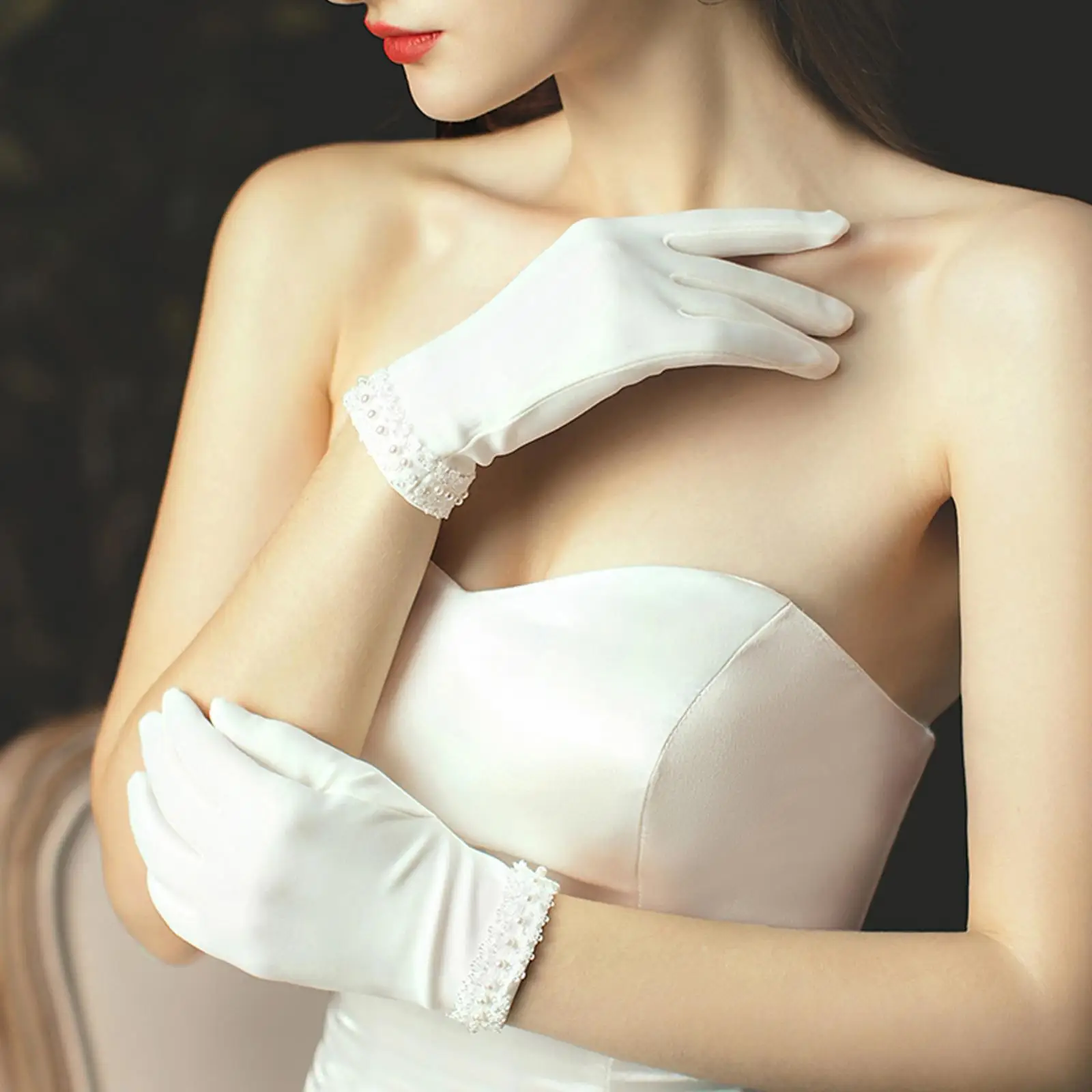 Bridal Short Satin s Wrist Length s Women`s Gown s Opera Wedding Banquet Dress 