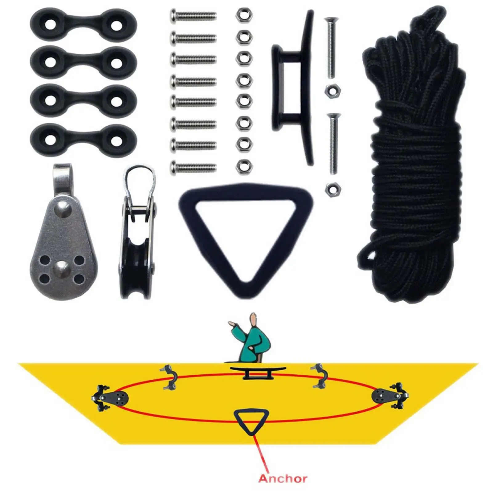 Kayak Canoe Boat Anchor Trolley Kit with Pad Eyes 30 Feet of Rope Nylon Ring Cleat