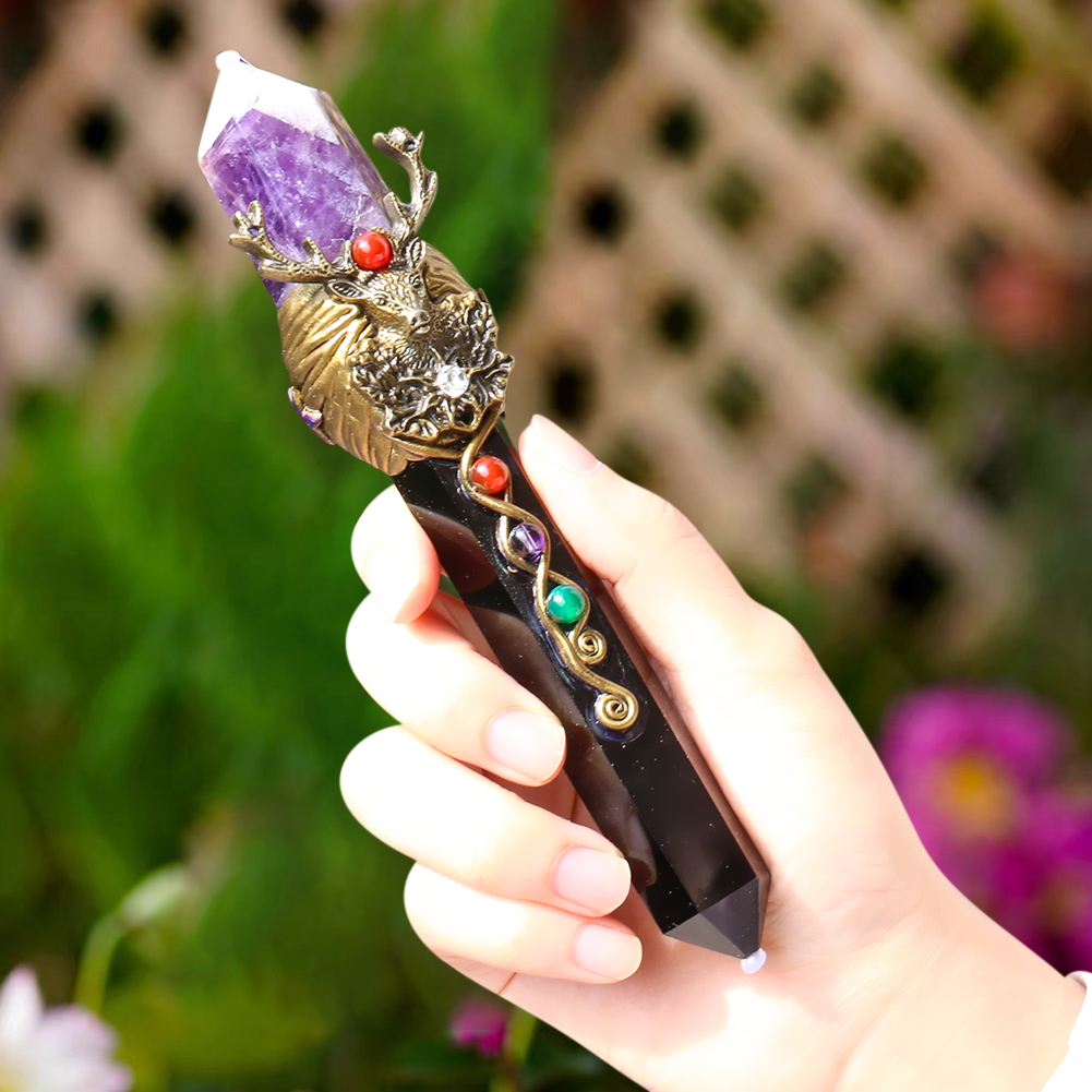 Natürlicher Obsidian-Amethyst-Pentagramm-Zauberstab, handgefertigt, magischer Zepter, glänzende Säule, Briefbeschwerer, Ornament, Film, Cosplay, Heilung – Detail 3