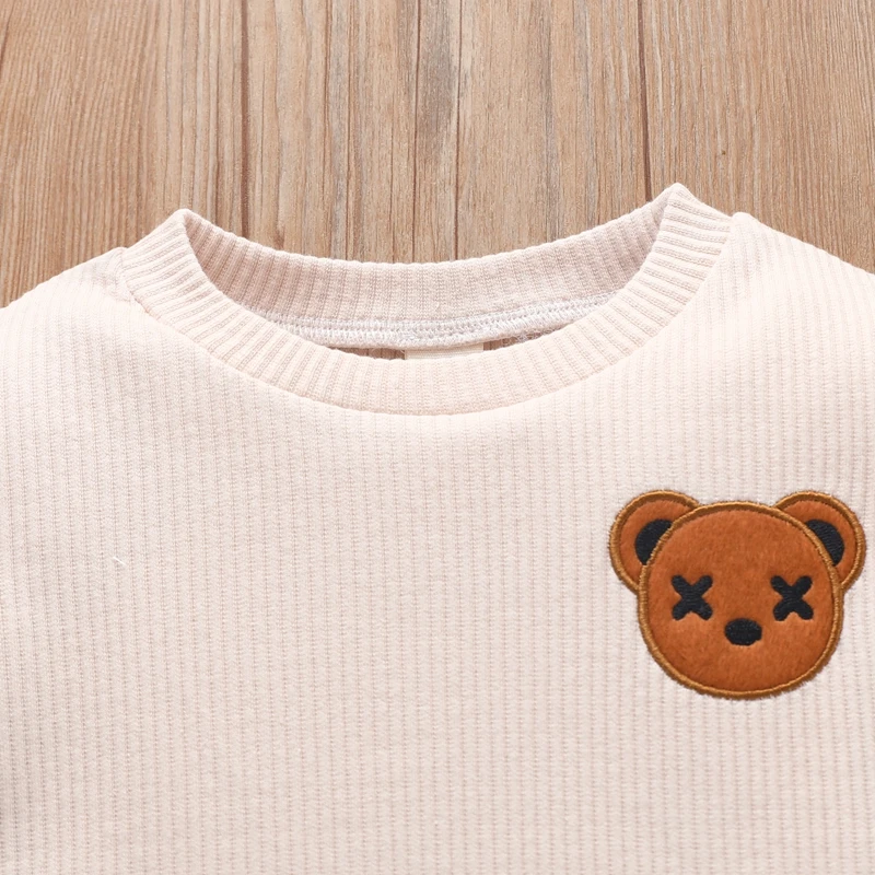 Lovely Autumn Kids Child Clothes Sets for Boy Girls Solid Ribbbed Long Sleeve Embroidered Bear Sweatshirts+Long Pants Tracksuits