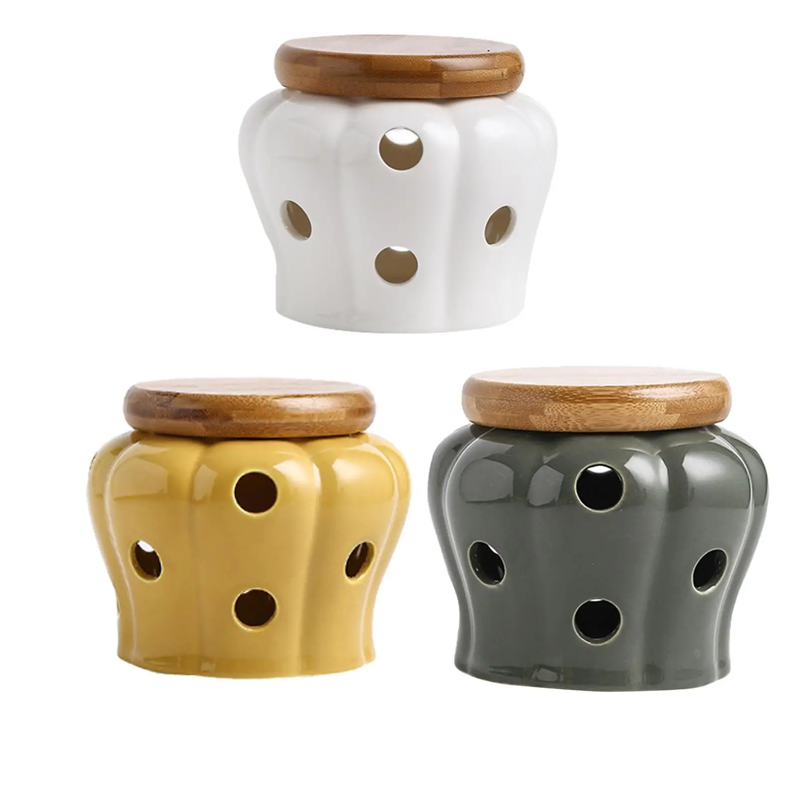Japanese Style Ceramic Garlic Keeper with Lid Vented Hollow Pumpkin Shape Round Garlic Cellar Pot Storage Container Collection