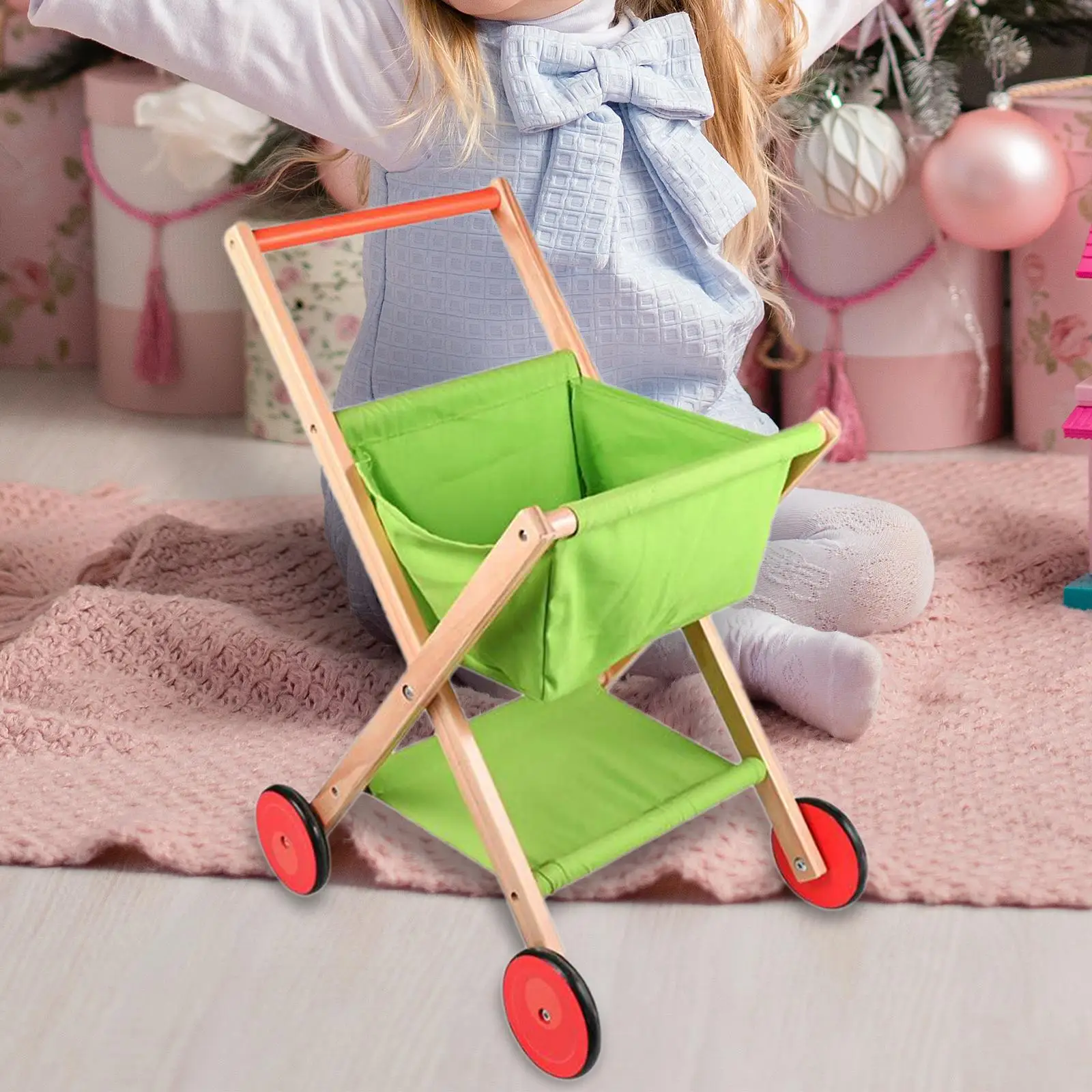 Grocery Store Shopping Trolley Role Play Toy Pretend Play Supermarket Playset Wood Shopping Cart for Childern Kids Toddler Gifts