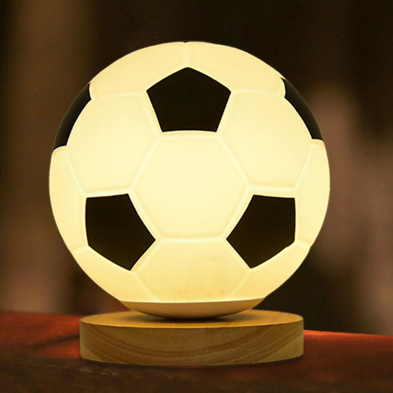 3D Soccer Lamp USB Powered Solid Wood Base Warm White Brightness Adjustable for Study Kids Gift