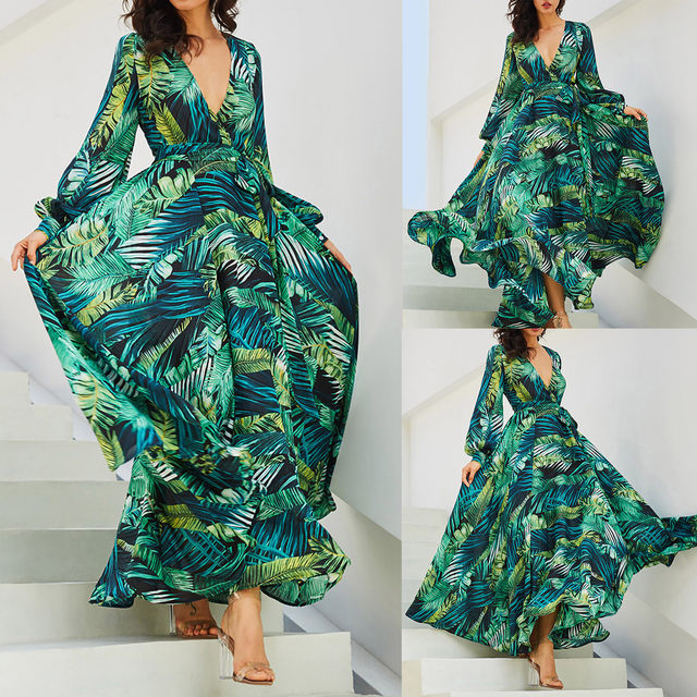 WOMEN'S SHORT PUFF SLEEVE V-NECK LEAF PRINT MAXI DRESS