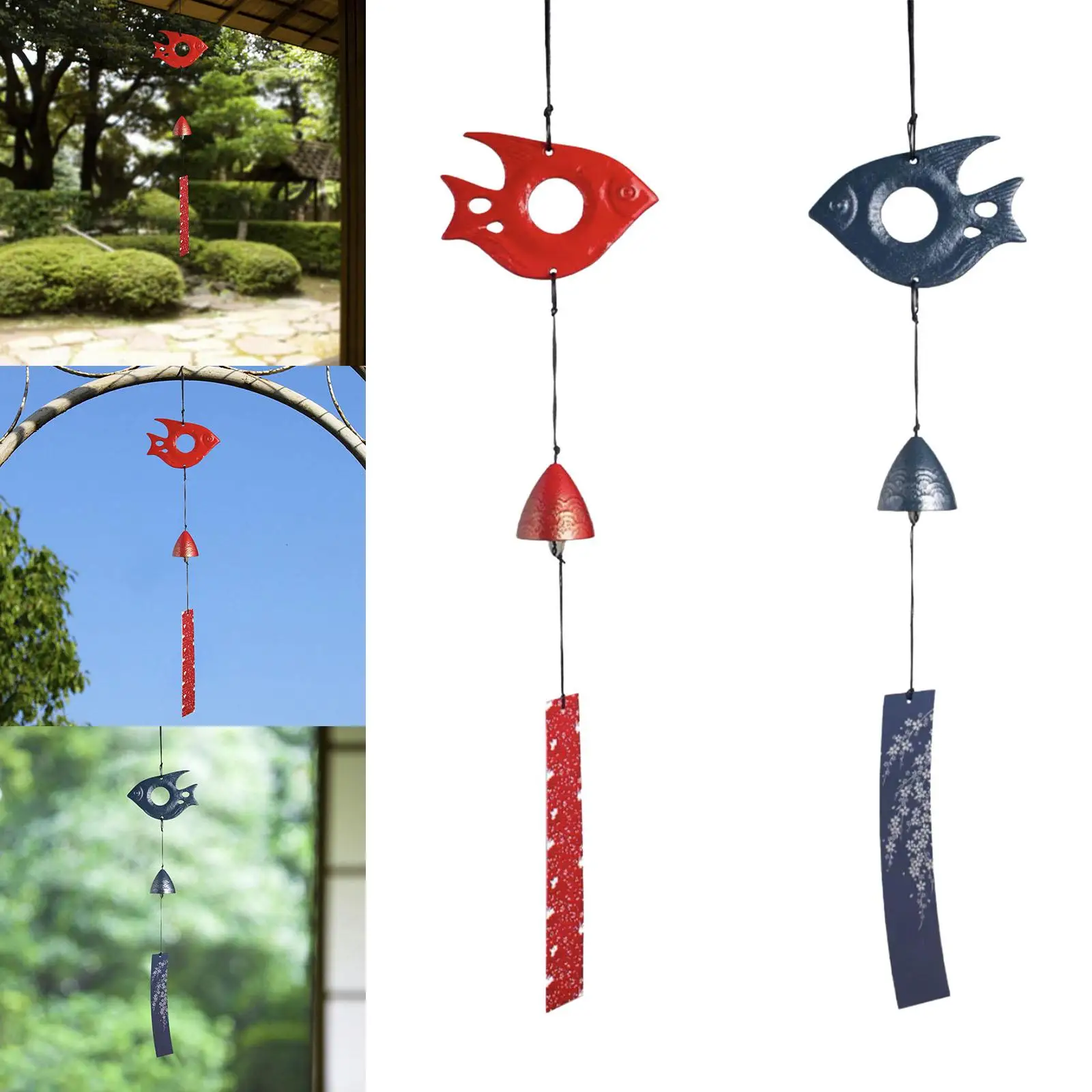 Iron Wind Chimes Hanging Bell Fish Figure Decorative Garden Windchime Pendant for Windows Patio Home Outside Festival Gifts