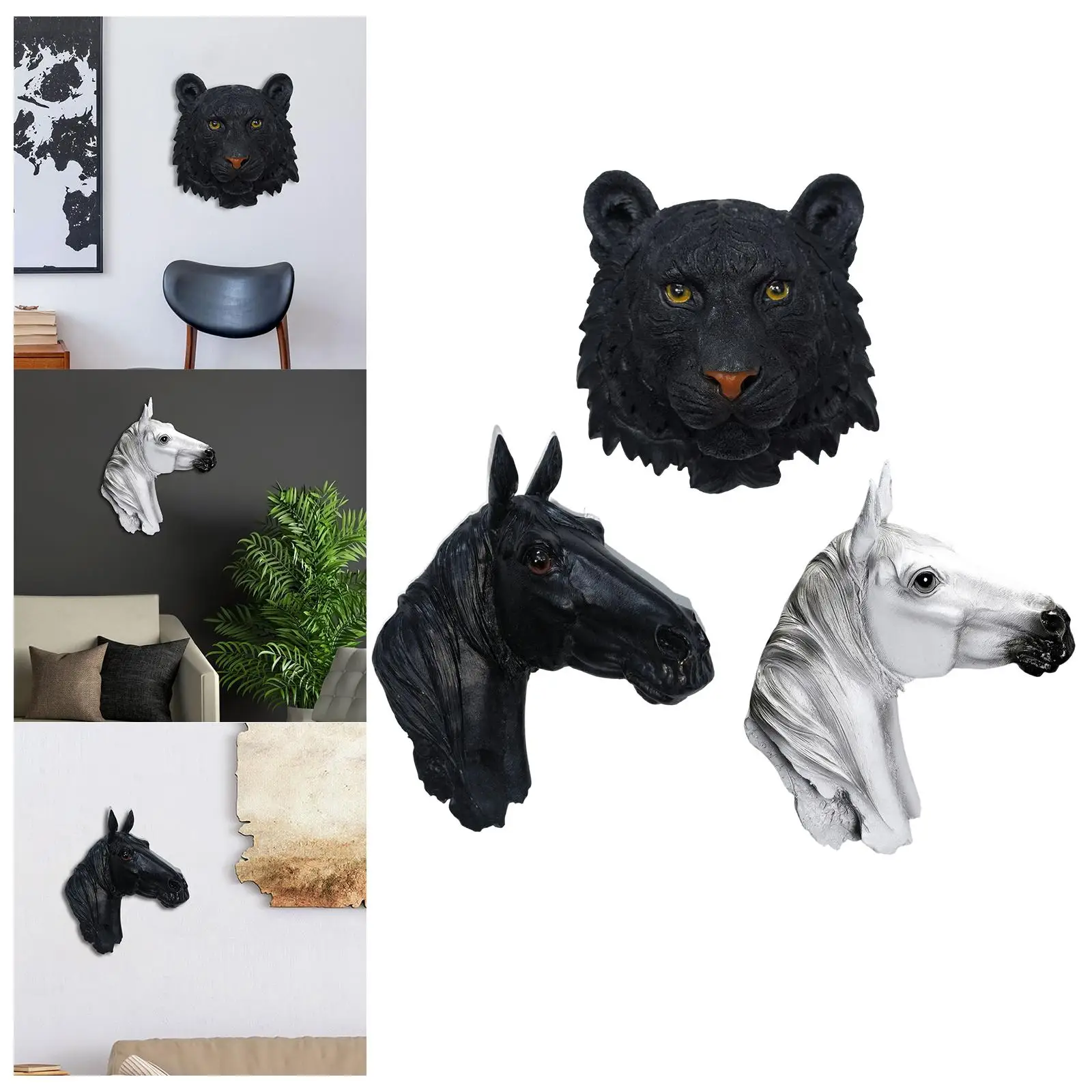 Wall Mount Animal Head Statue Resin Sculpture Modern Lifelike Artwork Crafts for Living Room Dining Room Decor Gift Collection