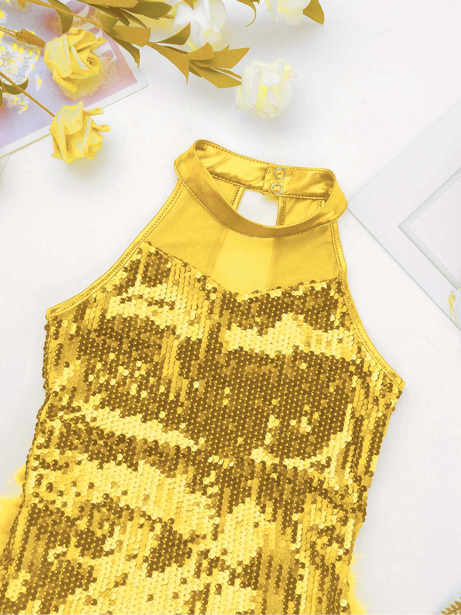 Kinder Mädchen Ballett Tanz Trikot Tutu Jazz Latin Skating Gymnastik Bühne Leistung Dancewear Ärmellose Glänzende Pailletten Overall – Detail 9