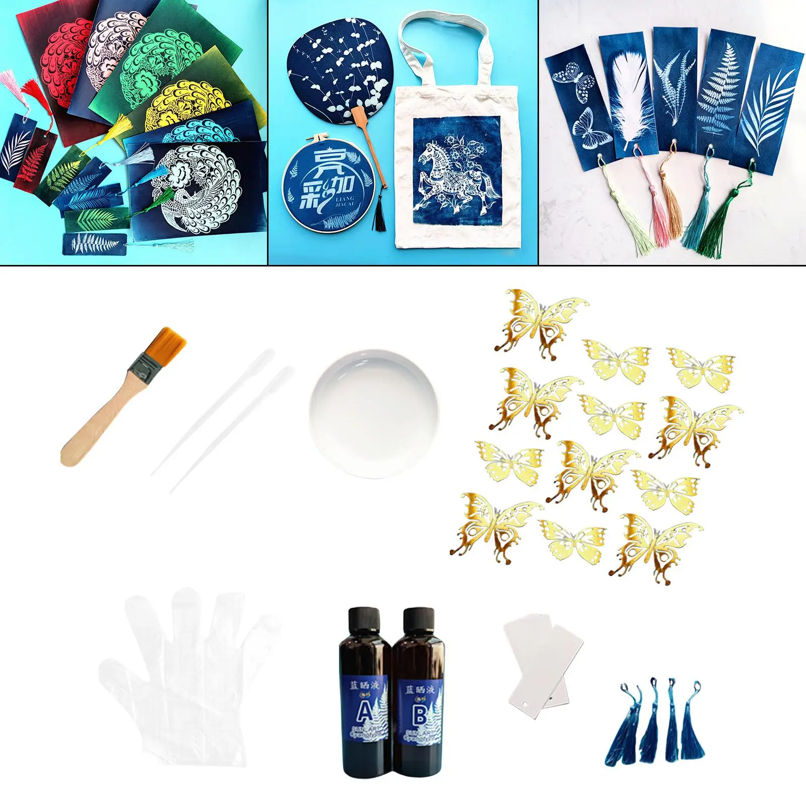 Cyanotype Set Potassium Ferricyanide Cyanotype Printing DIY // sun Printing Paper with Brush, Palette, Tassel, Bookmark