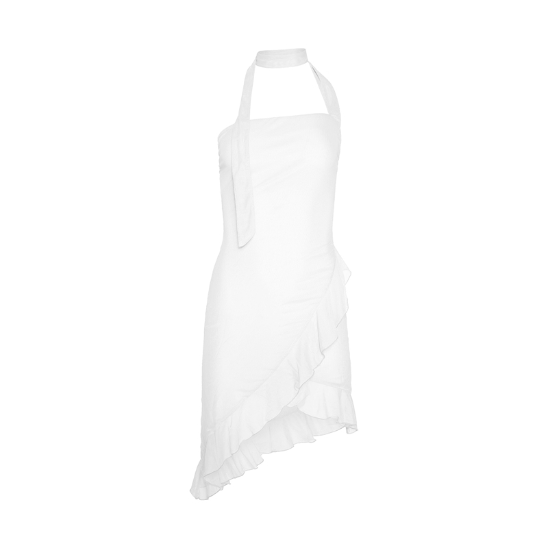 Ruffled Dresses for Women Summer Solid Color Sleeveless Halterneck Backless Irregular Hem Midi Dress y2k Party Dress
