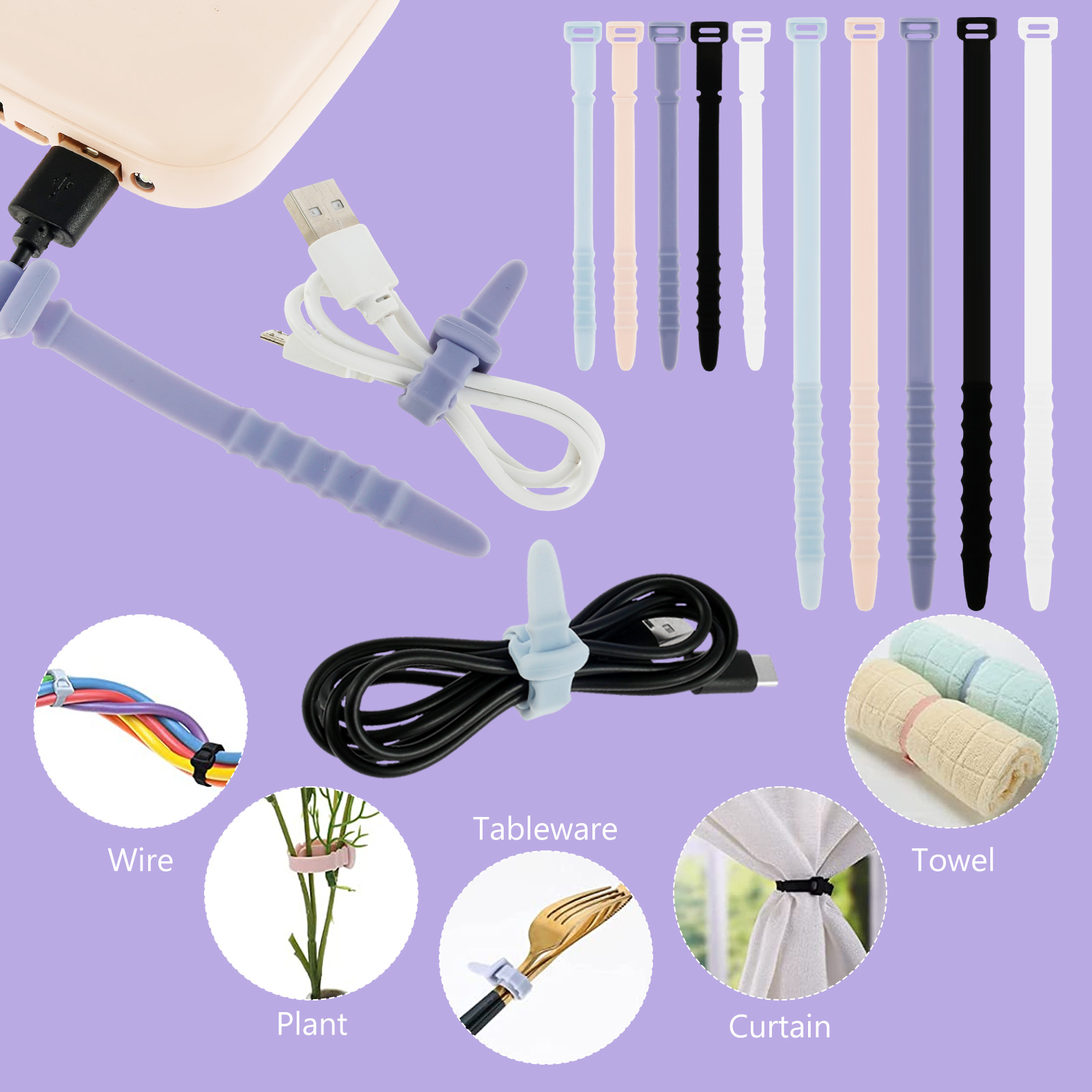 Description Picture 2 of item20Pcs Silicone Cable Ties Colorful Portable Cable Straps Multipurpose Elastic Cord Organizer Cable Management Organizer Reusable