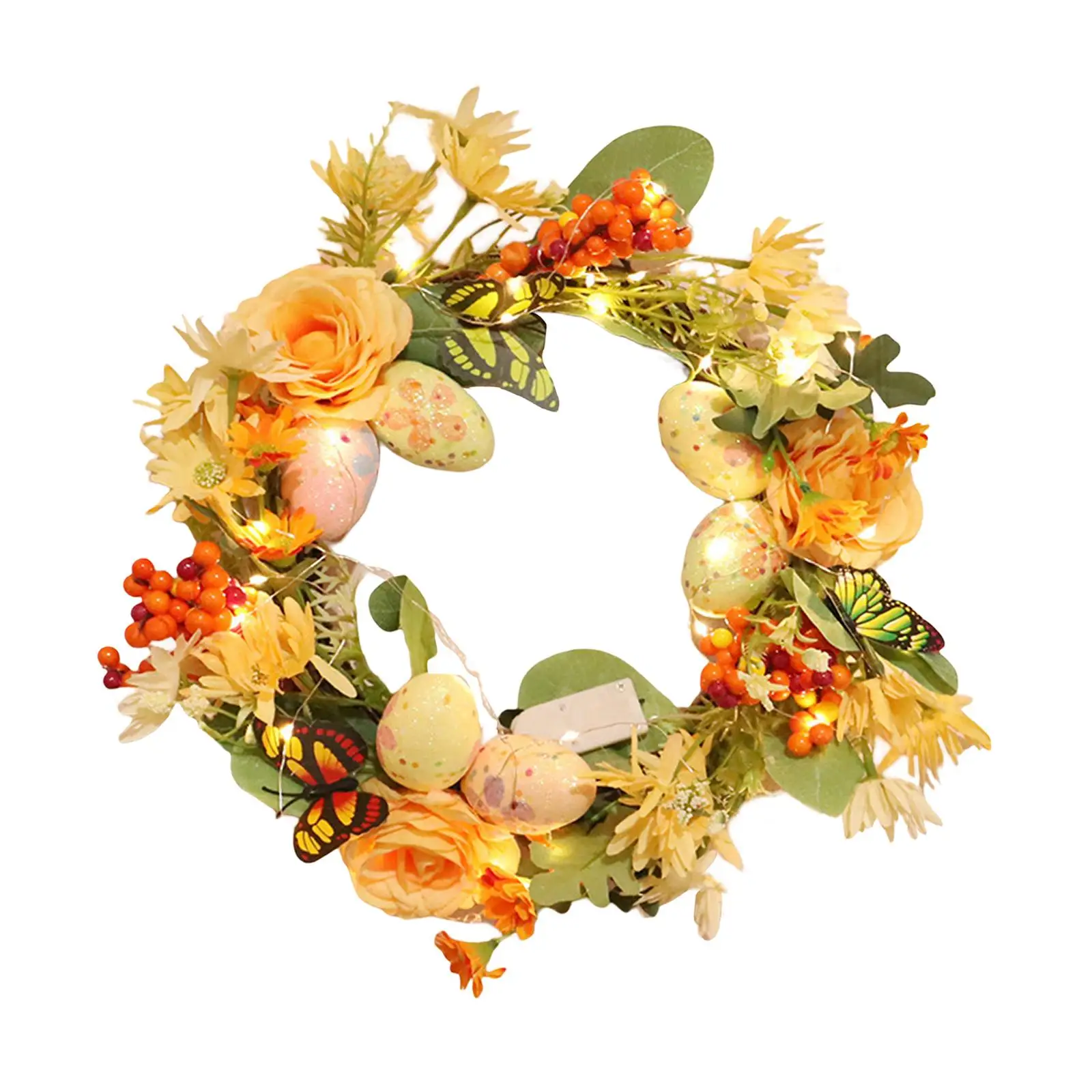 Lighted Easter Wreath Front Door Wreath Decor 12inch with LED Lights Greenery Leaves Flowers Wreaths for Backdrop Outside Spring