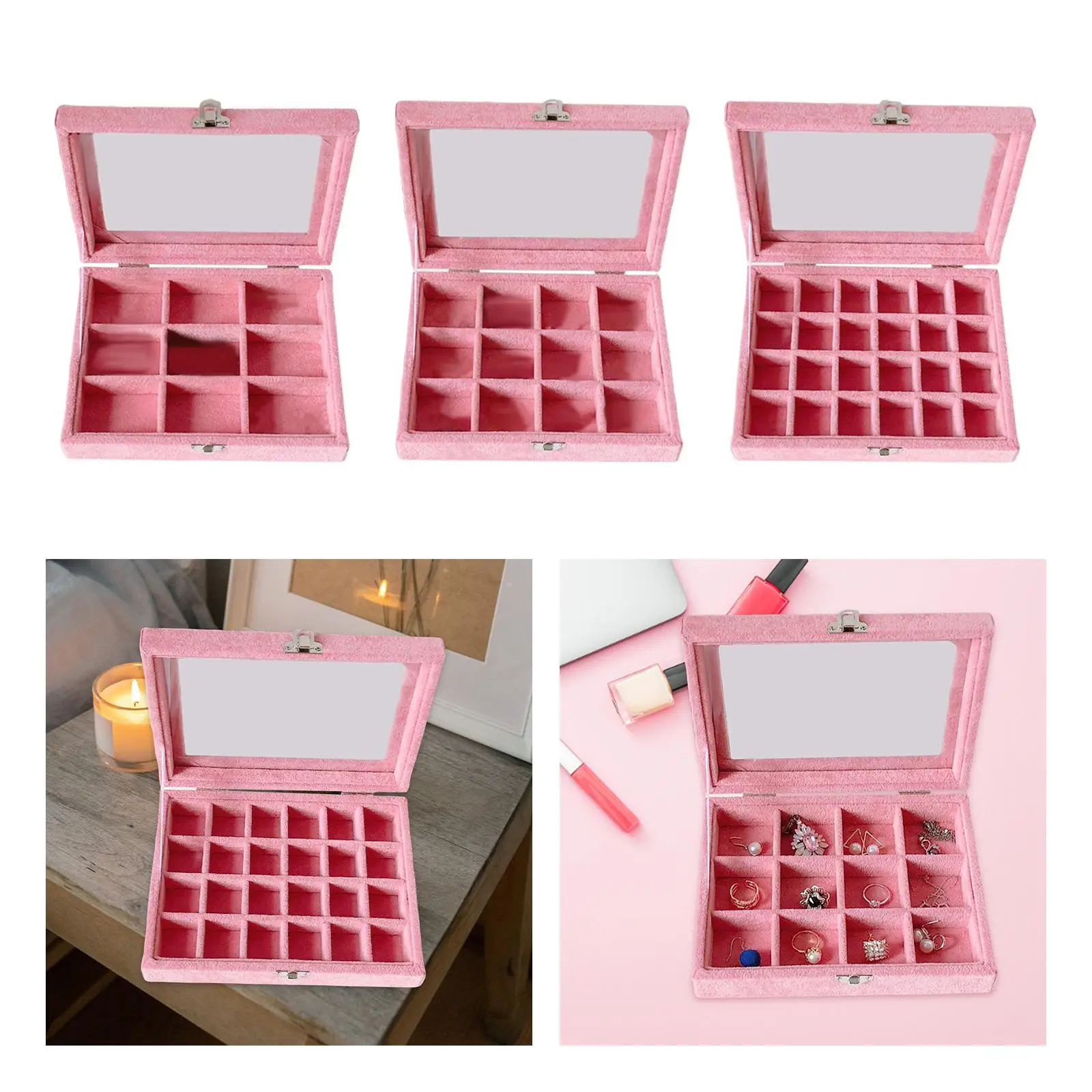 Velvet Clear Lid Multi Grid Jewelry Tray Case Holder Removable Compartment Dividers