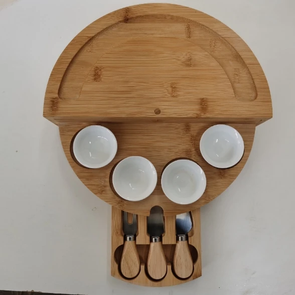 Bamboo Cheese Board Set With Round Wooden Board With 4 Stainless Steel  Knives And Fork Suitable Use For Picnics And Parties - AliExpress