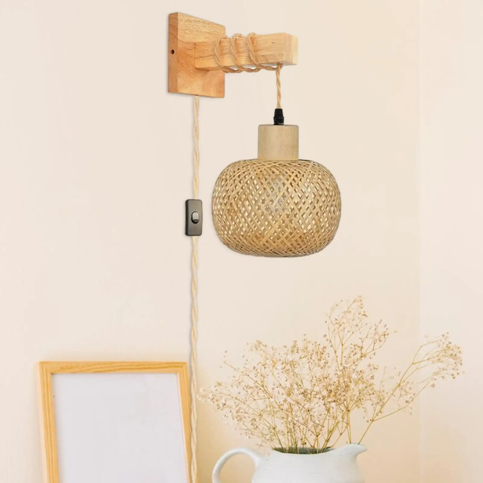 Bamboo Wall Sconce Hand Woven Rustic Plug in Pendant Light Farmhouse Hanging Lamp for Reading Bedroom Home Bathroom Kitchen