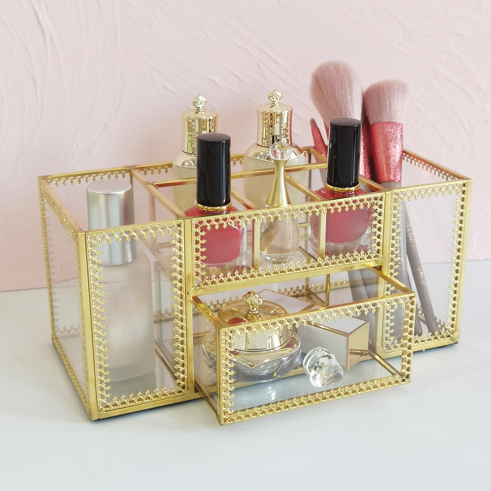 Gold Glass Makeup Cosmetic Brushes Holder Organizer Jewelry Storage Box Case