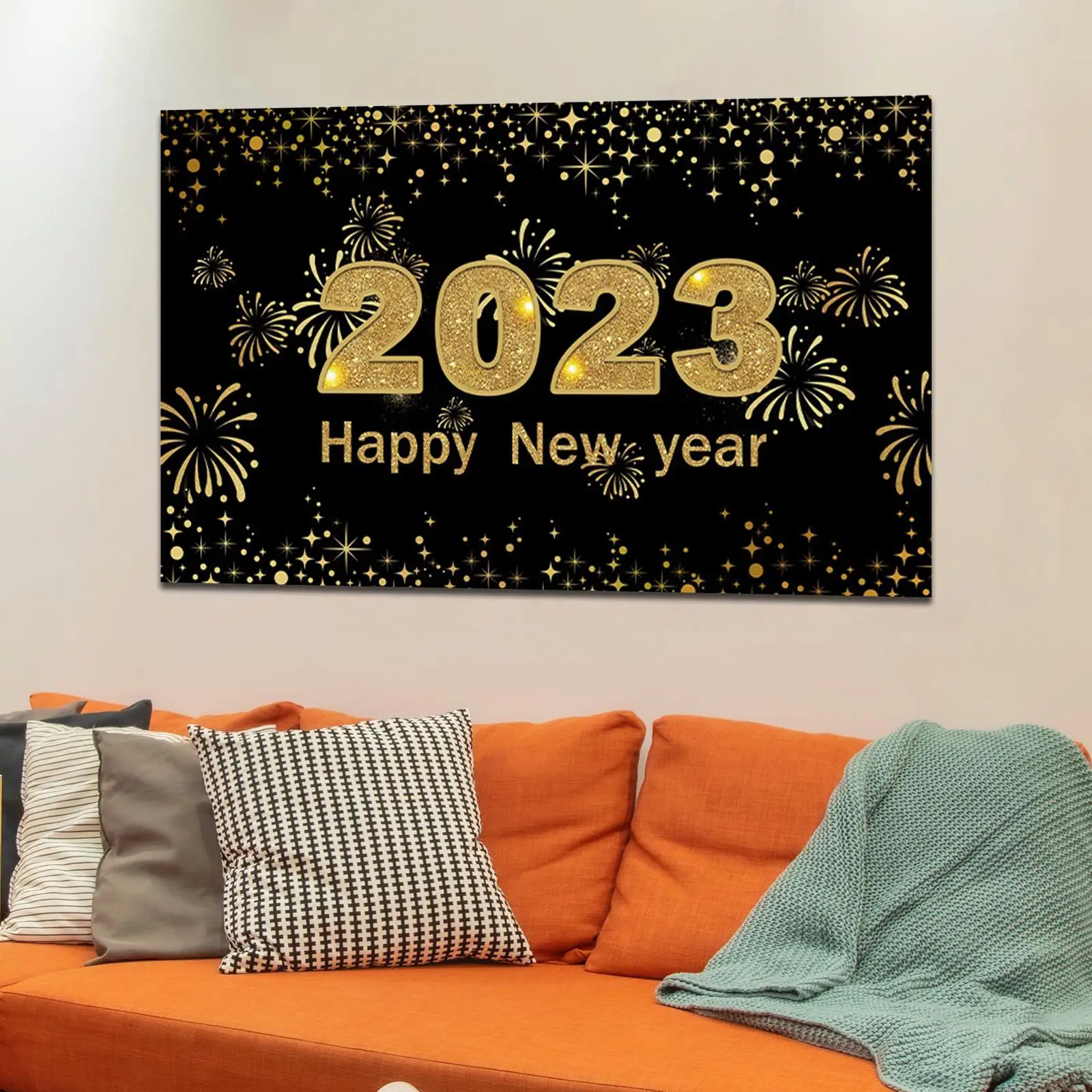 Fabric Happy New Year Banner 2023 Backdrop Office Ornaments Wall Sign Poster