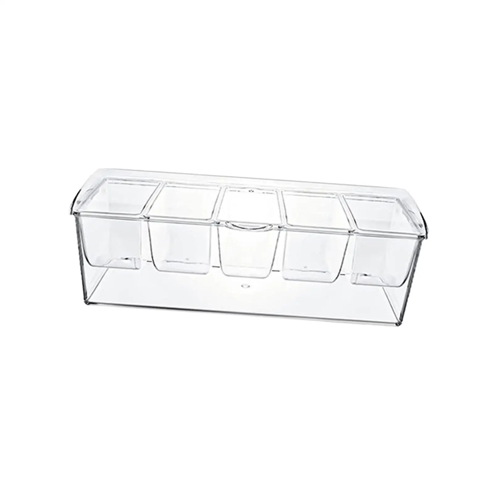 Chilled Condiment Server Caddy 5 Compartment Clear PP Material Durable 16x6.3x4.4inch Hinged Lid for Hotdog Cart, Entertaining