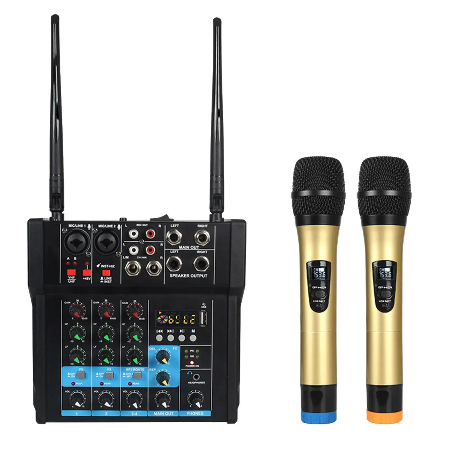 Audio Mixer with Dual Wireless Microphones USB MP3 Bluetooth DJ Mixer Sound Mixer for PC Recording Party Karaoke Live Streaming