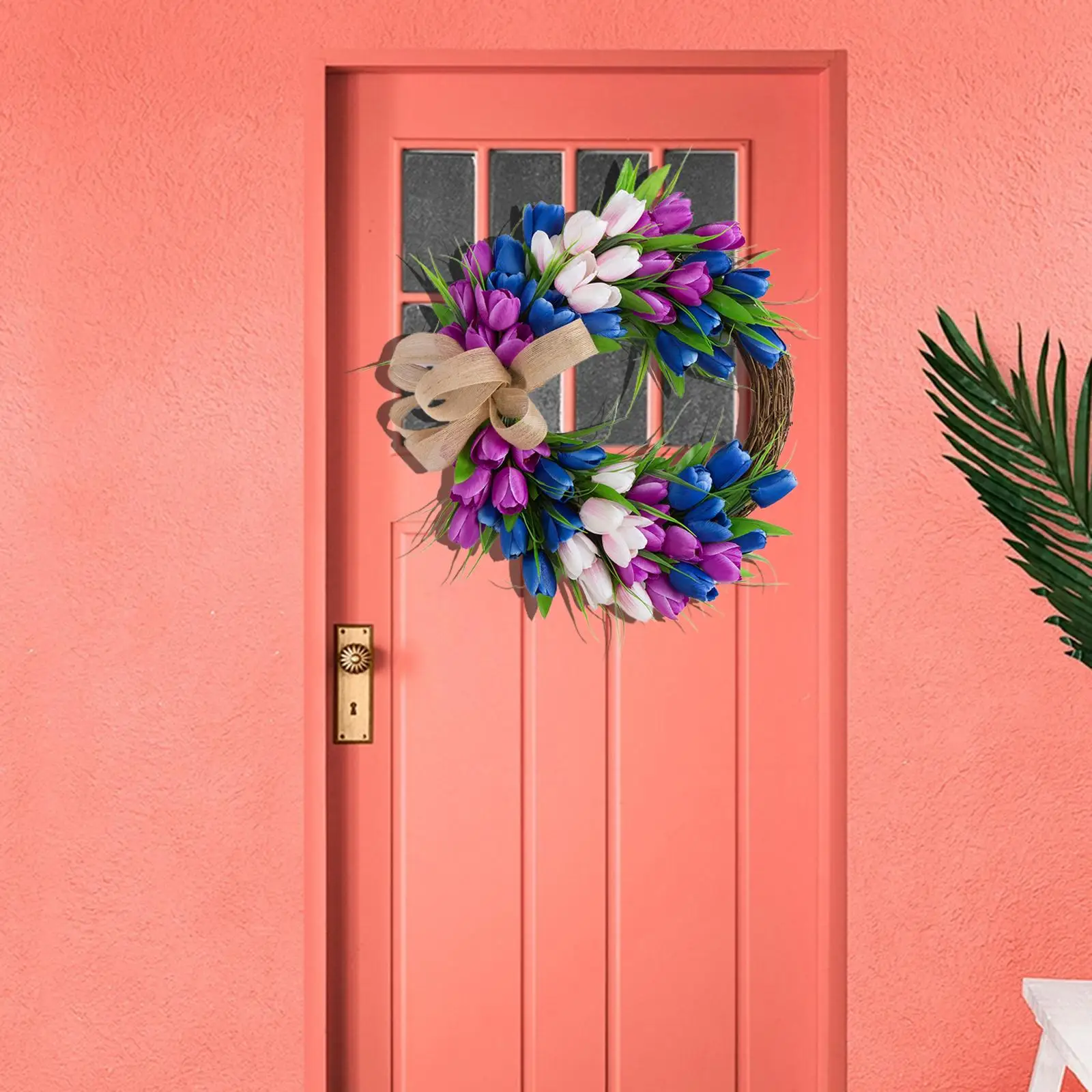Artificial Tulip Wreath Bow Tie Hanging Wall Front Door Window Garland Home Easter Festival Restaurant Decor Photo Props