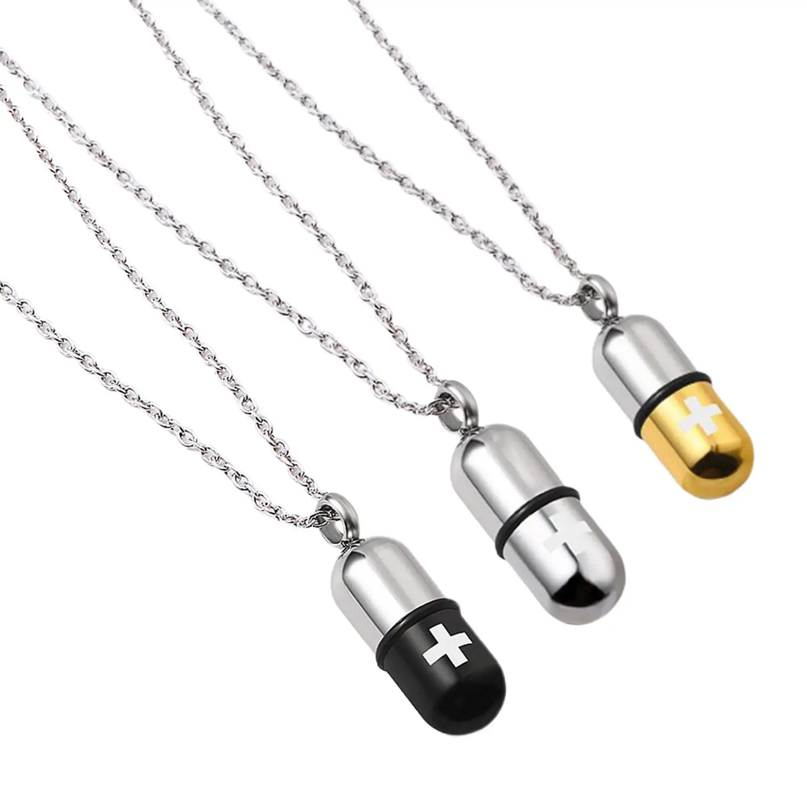Small Men Capsule Pendant Necklace Pill Filler Kit Keepsake Holder Titanium Steel W/ Chain & Funnel Multi Color Option for Cat