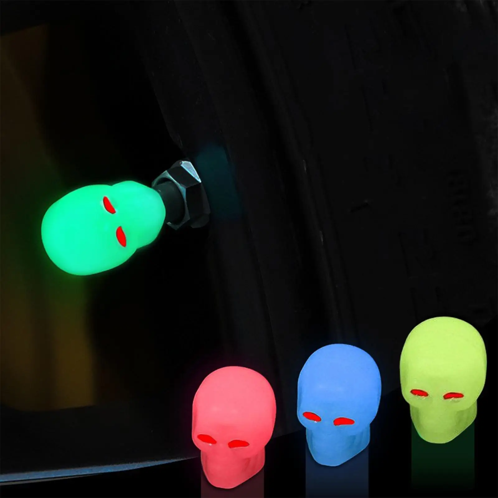 4Pcs Skull Shaped Car Tire Stem Cap Illuminated Car Accessories Glow in The Dark Auto Wheel Stem cap Cover for bike