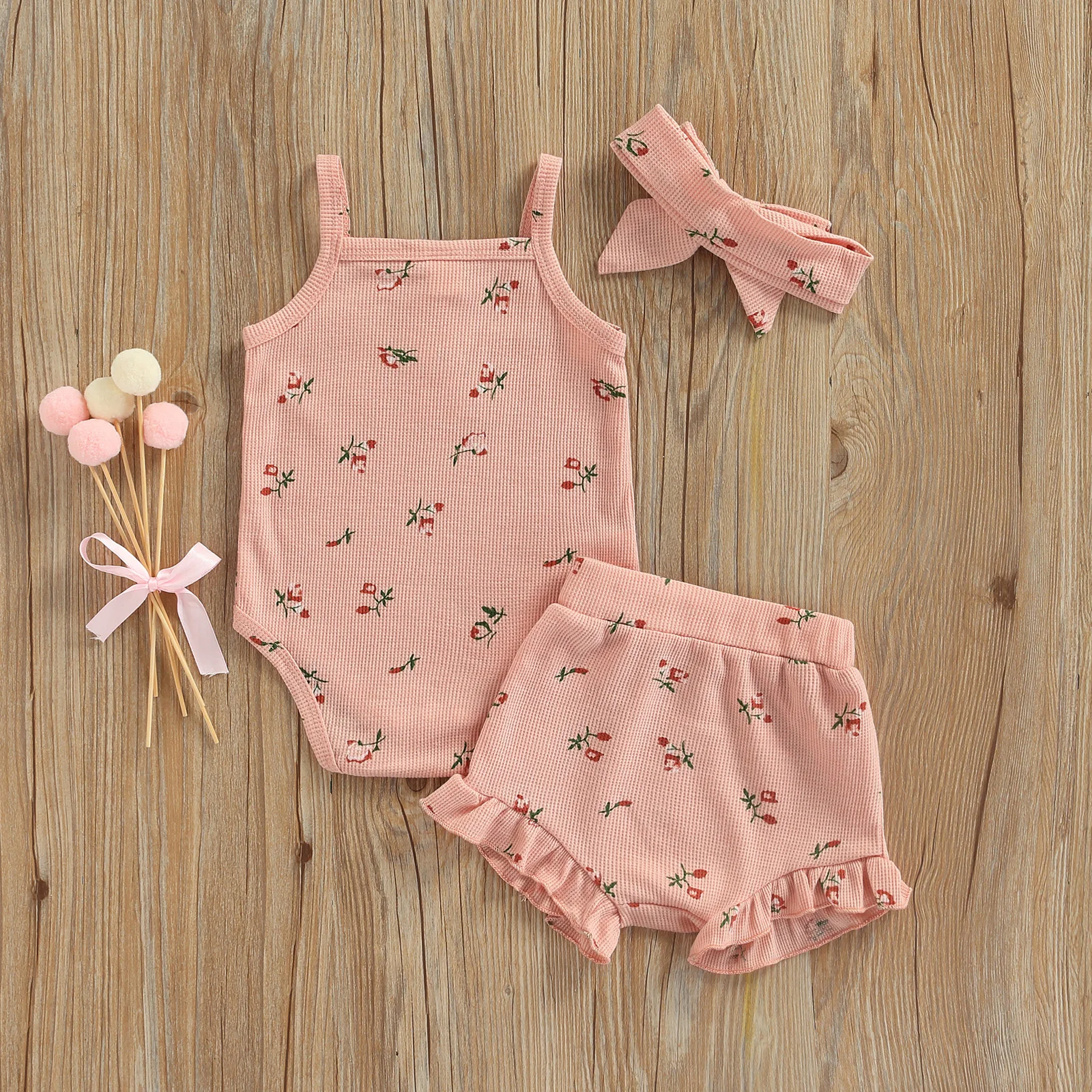 Infant Baby Girl’s Tops and Shorts Set Fashion Floral Suspender Romper and Short Pants with Headband baby clothes mini set