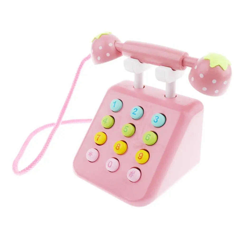 Kids Red Wooden Telephone Pretend  toy children kids Toddler Educational Toys - Strawberry