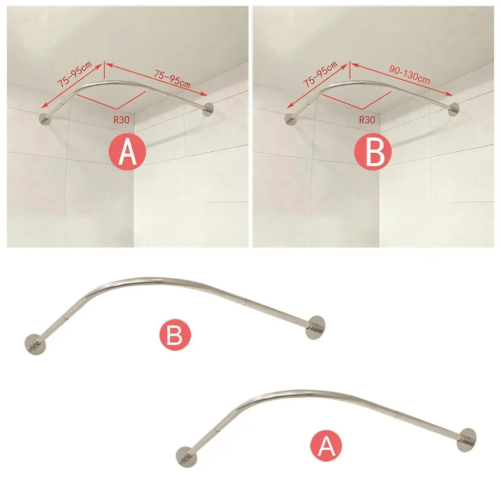 Extendable Corner Shower Curtain Rod Pole Sliver Stainless Steel Rail Rod Bar Bath Door Hardware Heavy Loaded With Glue