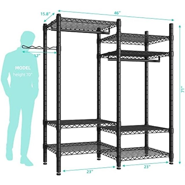 PUNION Heavy Duty Clothes Rack,Wire Garment Rack for Hanging  Clothes,Multi-Functional Bedroom Clothing Rack with 5 Hanger Rod,7  Shelves,2 Side