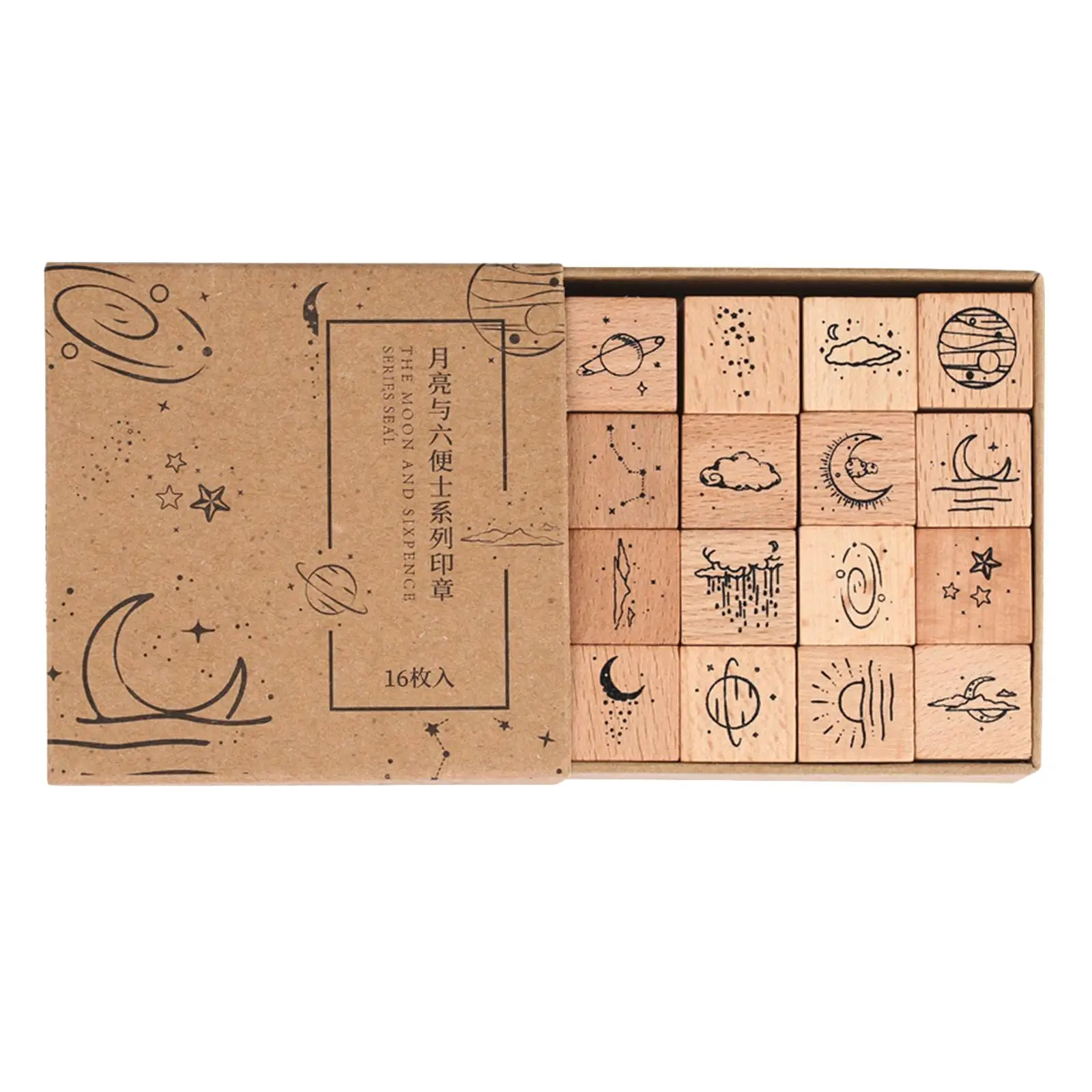 16x Wooden Rubber Stamp Set DIY Scrapbooking Moon Sun Rain Cloud Stars for Planner Diary Printing