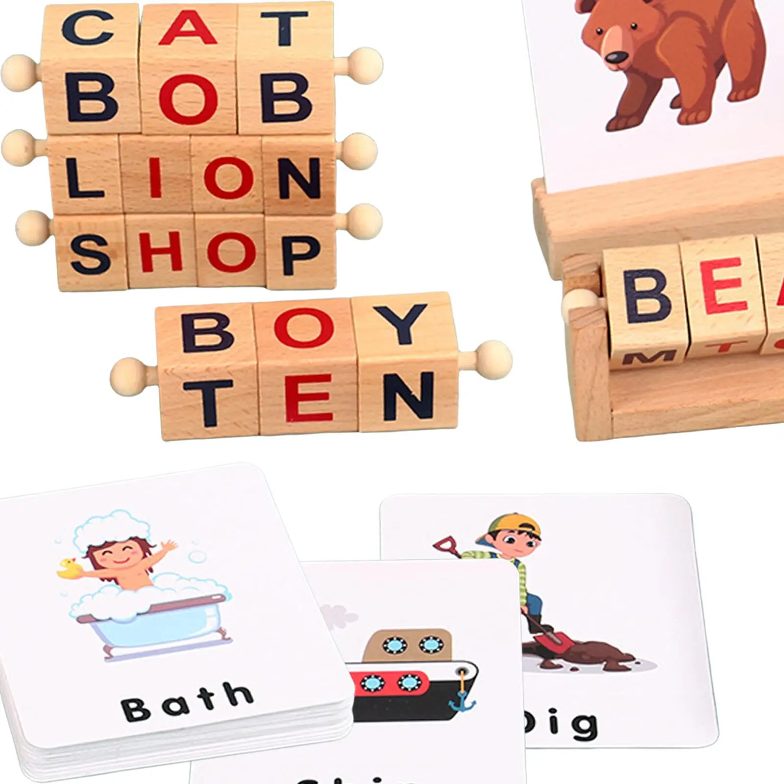 Wooden Reading Block with Word Cards Gift Simple to Using Letter Spelling Block for Christmas Children`s Day Birthday