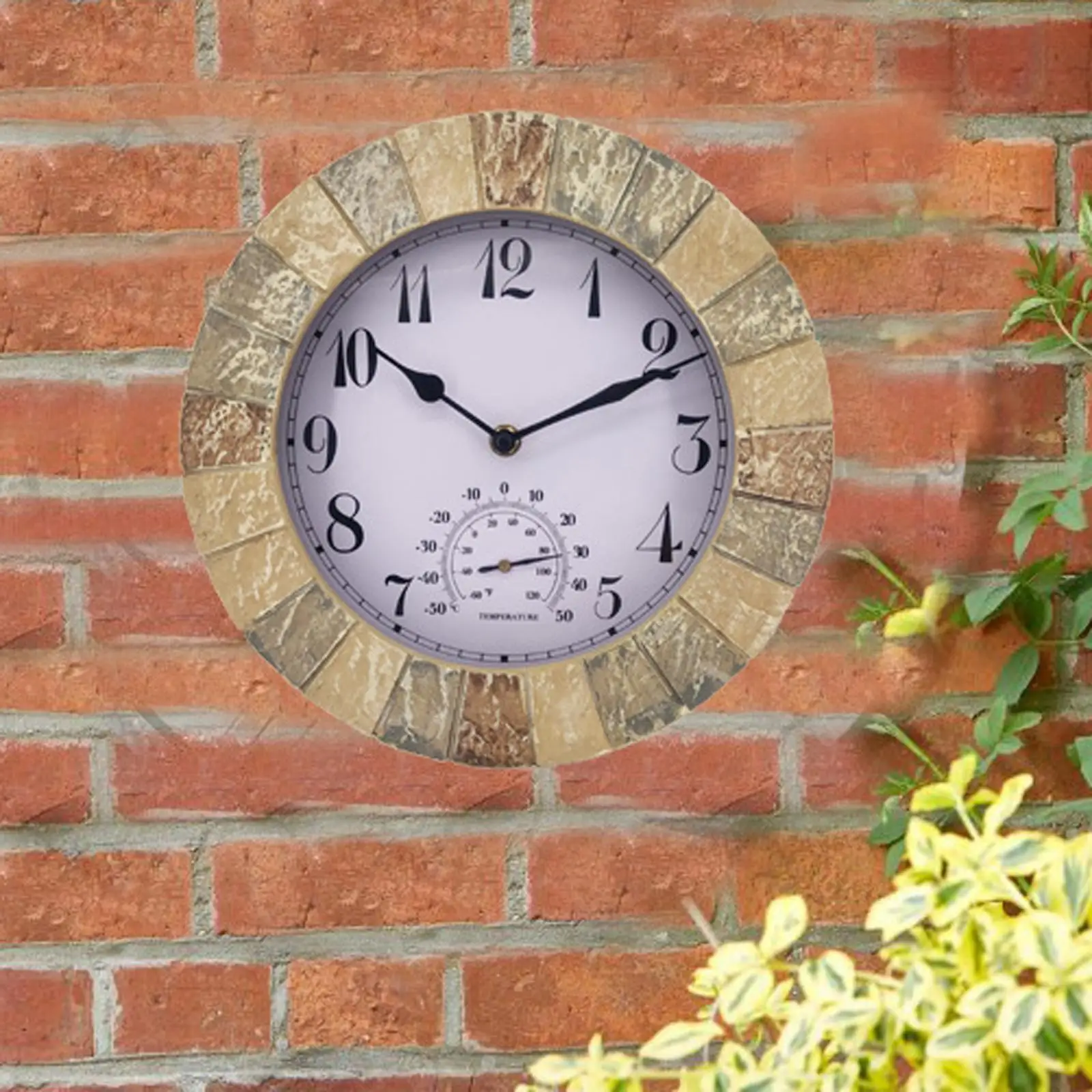 Outdoor Wall Clock Waterproof with Temperature Resin Crafts for Garden Patio