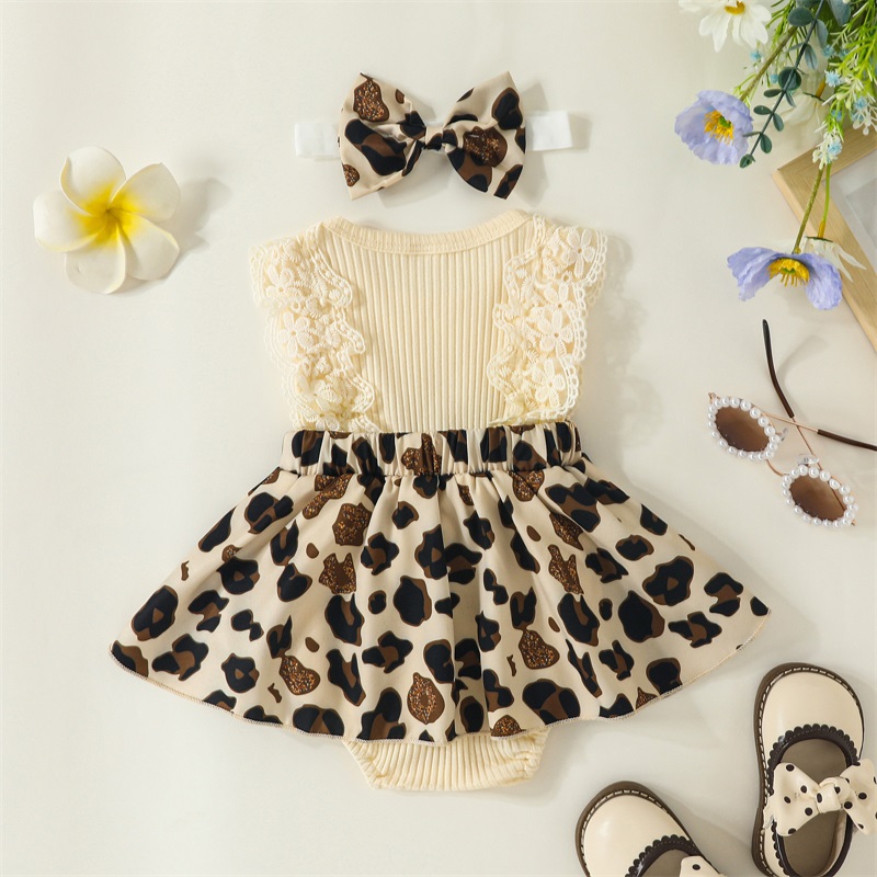 Baby 2 Stück Sommer Outfits ärmelloses Stram pler kleid mit Leoparden muster und Stirnband – Detail 1