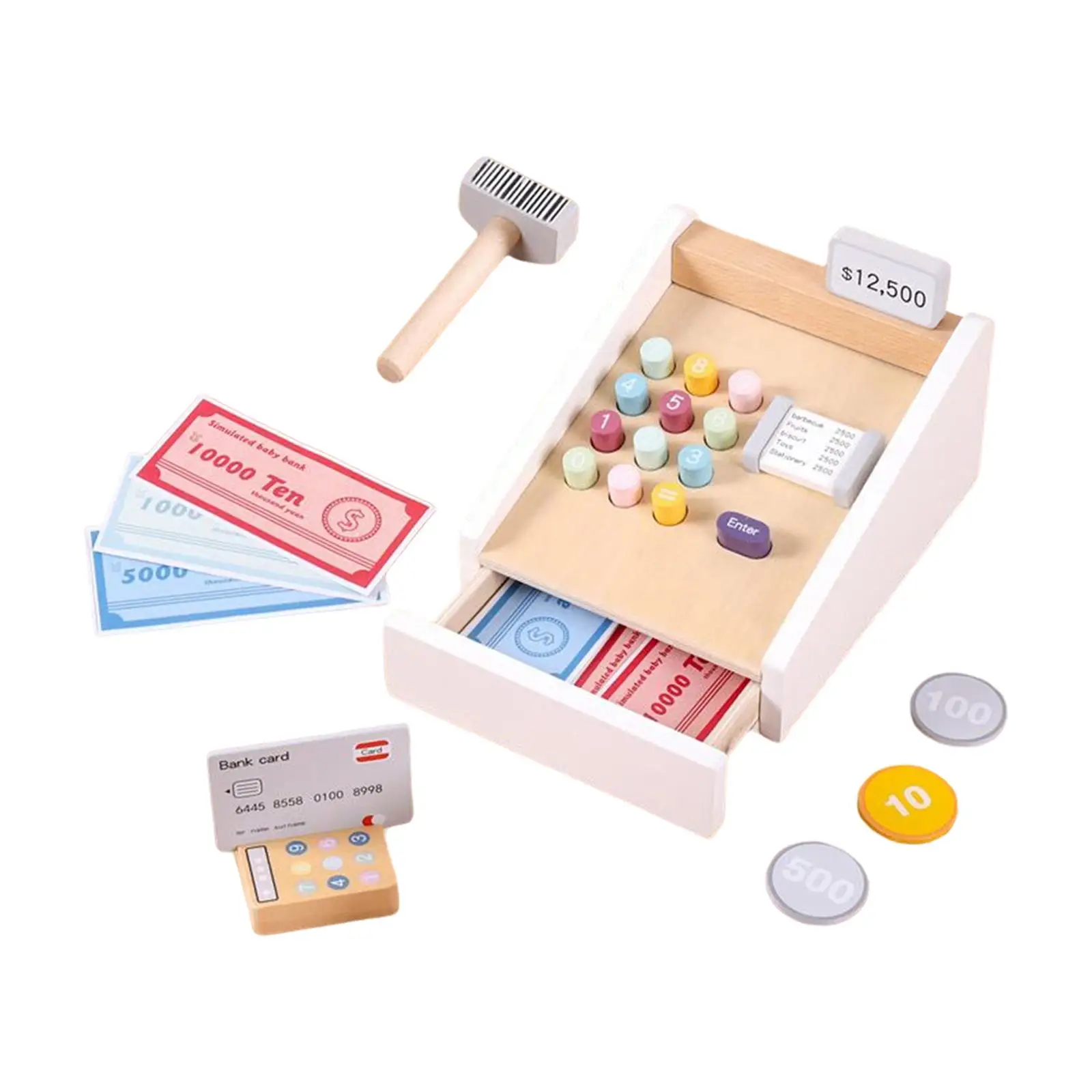 Wooden Cash Register Set Role Play Toy Calculator Checkout Counter Shopping Cashier Funny for Children Toddlers Girls Boys Kids