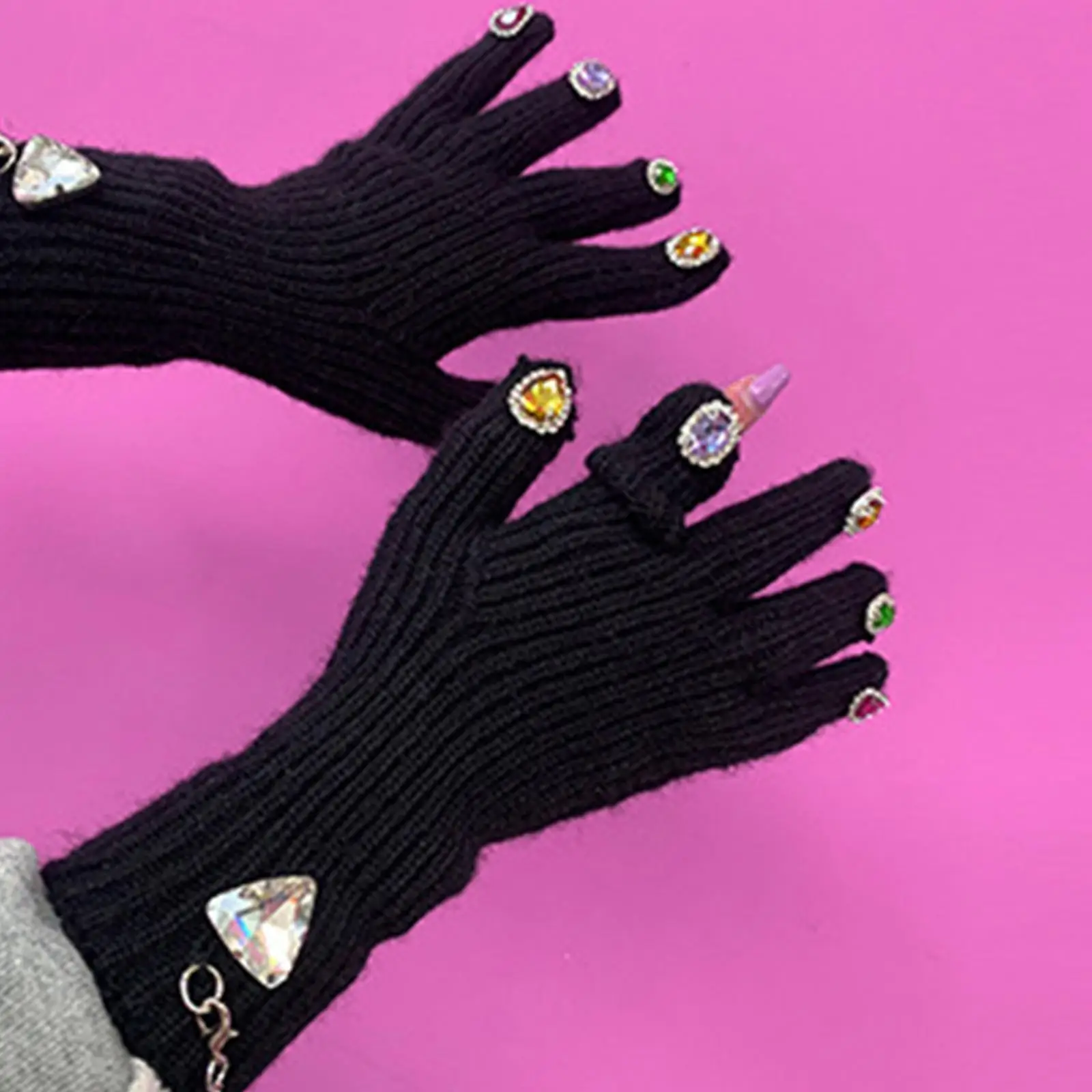 Women Winter Warm Gloves Long Wrist Faux Rhinestone Touchscreen Knit Gloves