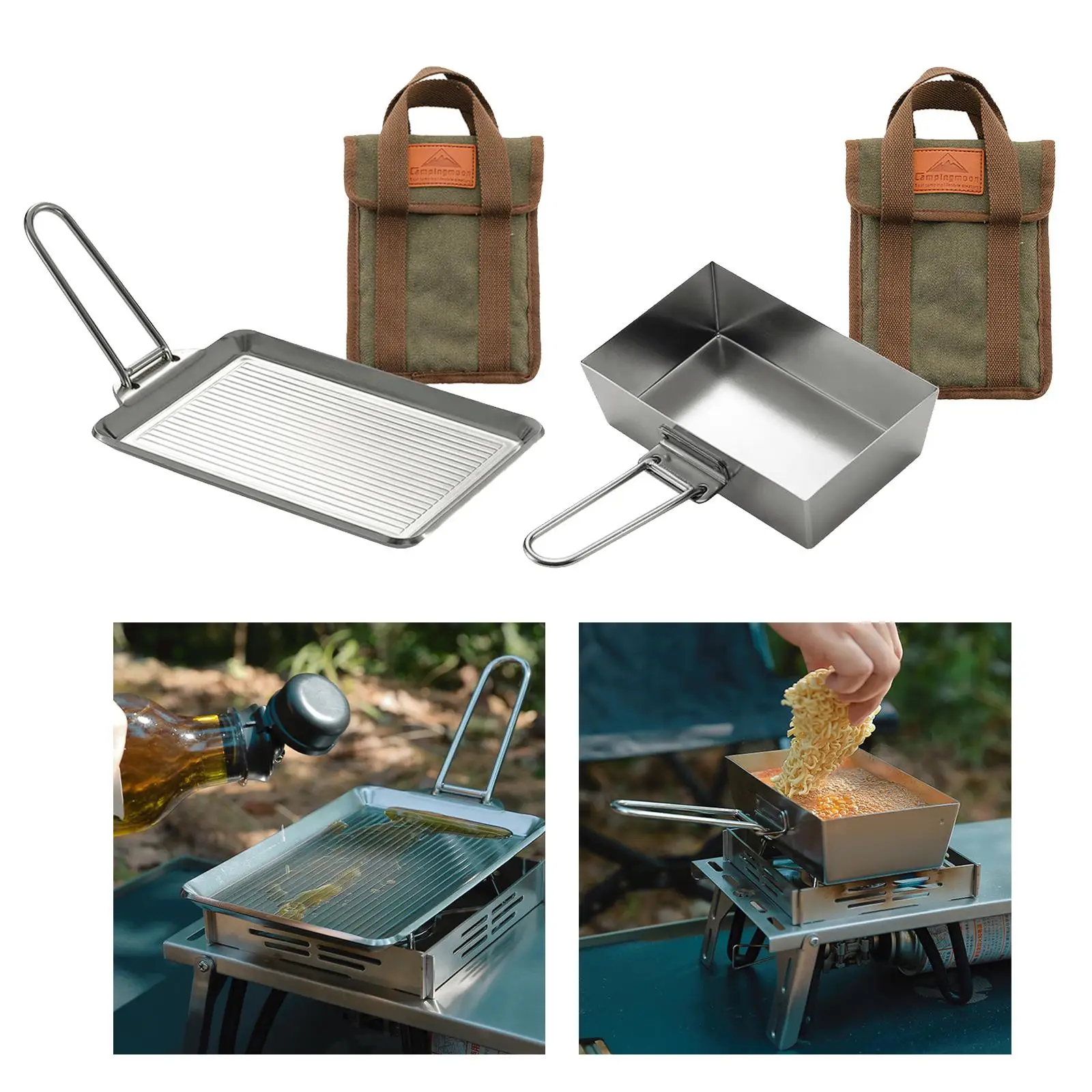 Portable Camping Frying Pan Foldable Handle Picnic Utensil with Storage Bag