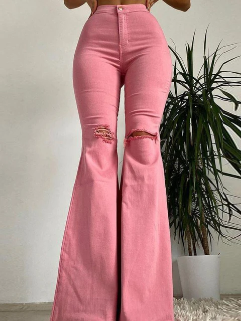 Jeans de diamante feminino 2022 primavera e verão nova moda cintura alta  magro estilo europeu pérola arco split bootcut calças - AliExpress