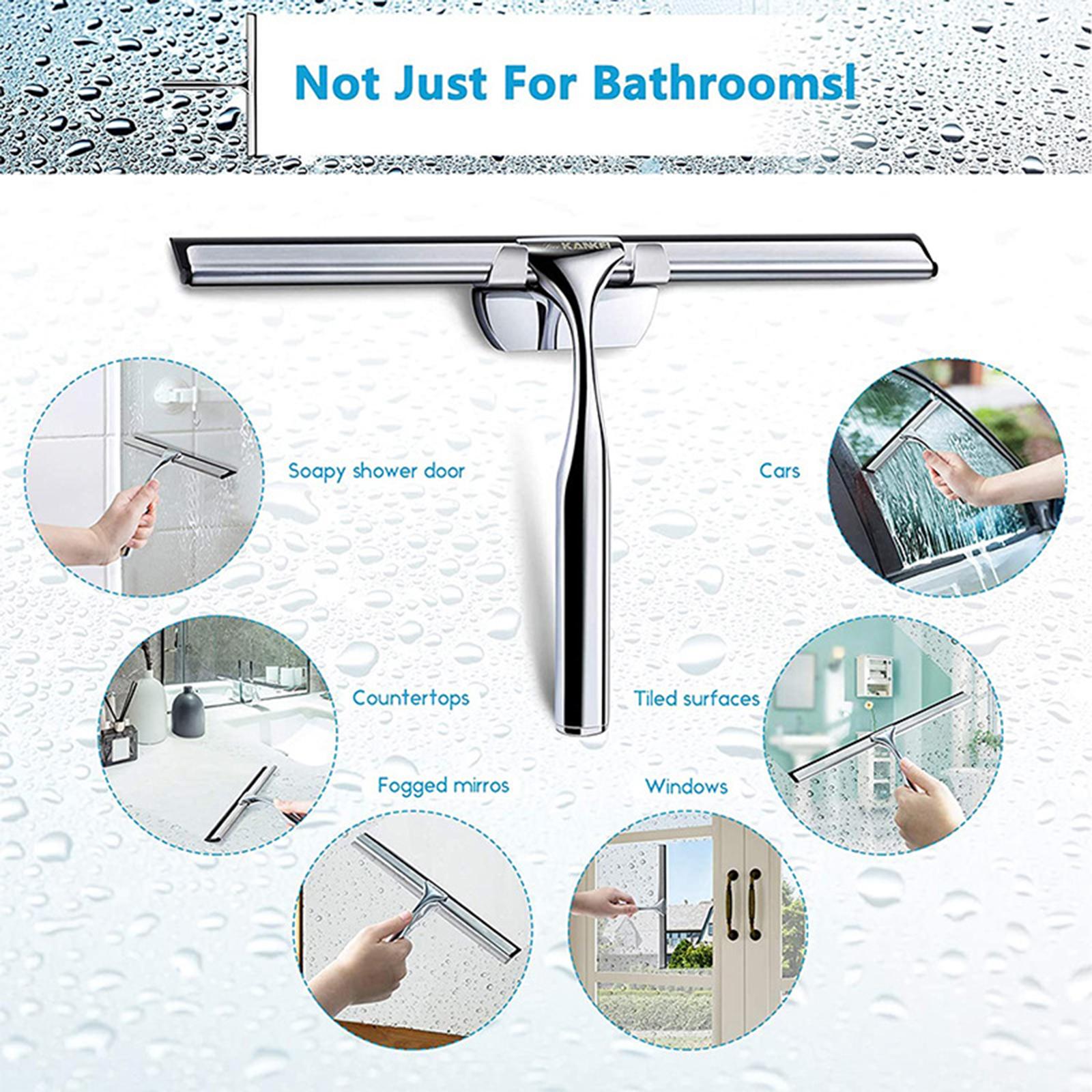 Stainless Steel Shower Squeegee with Suction Cup Car Windshield Rubber Blade for Shower Doors/Mirror/Windows Home Bathroom