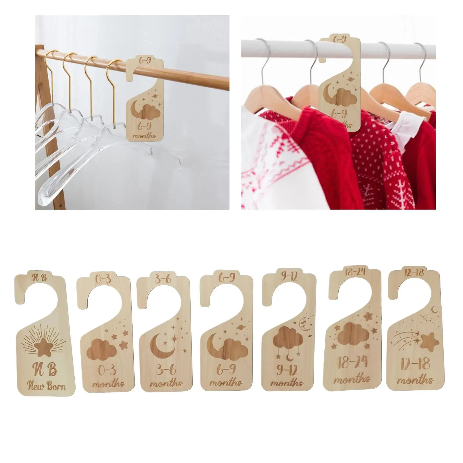 7Pcs Baby Closet Dividers from Newborn to 24 Months Wood Hanger Dividers Cloth Size Organizers for Bedroom Living Room Mom Gifts