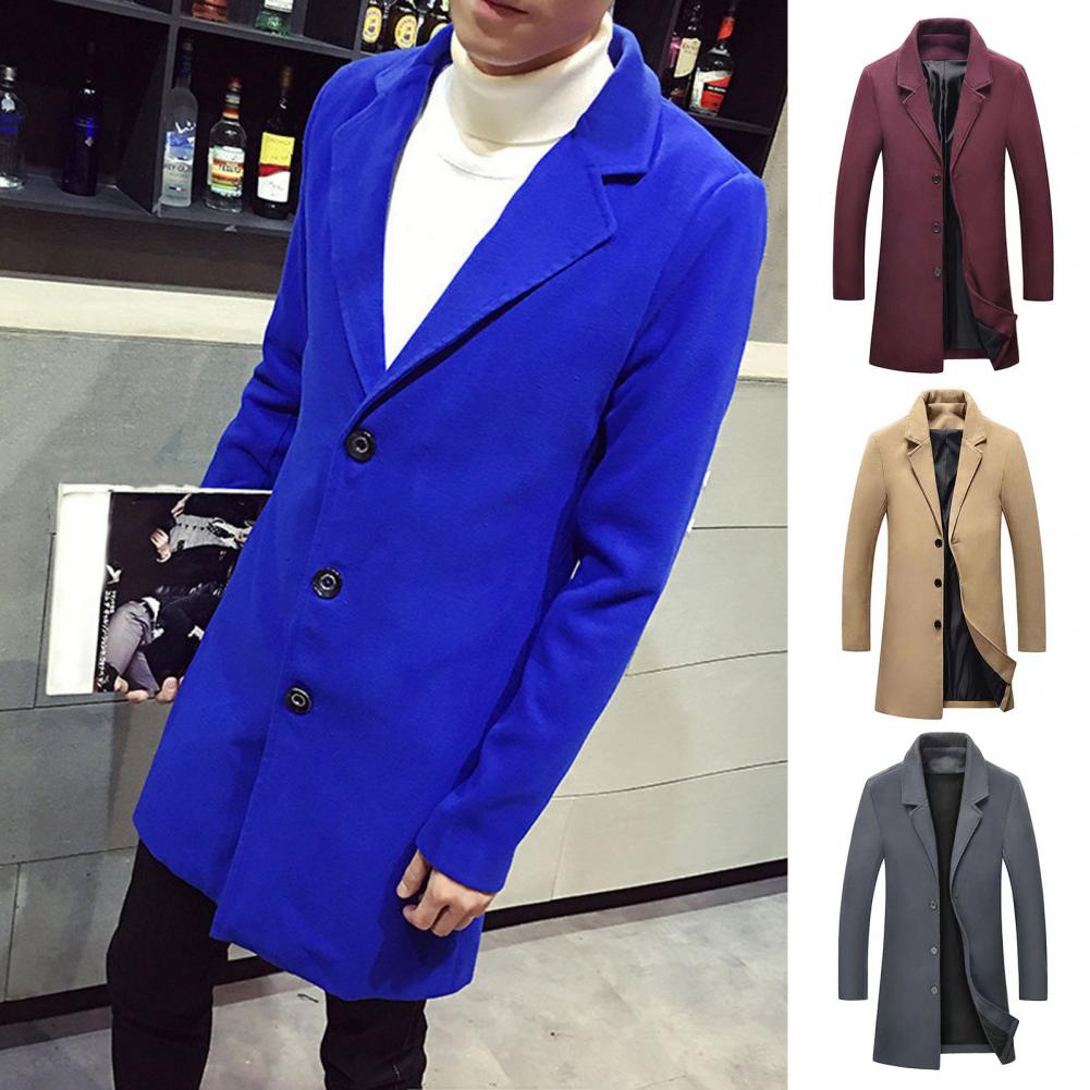 Description Picture 3 of itemMen Winter Trench Coats Thick Long Sleeve Turn-down Collar Solid Color Single-breasted Mid Length Jackets for men куртка мужская