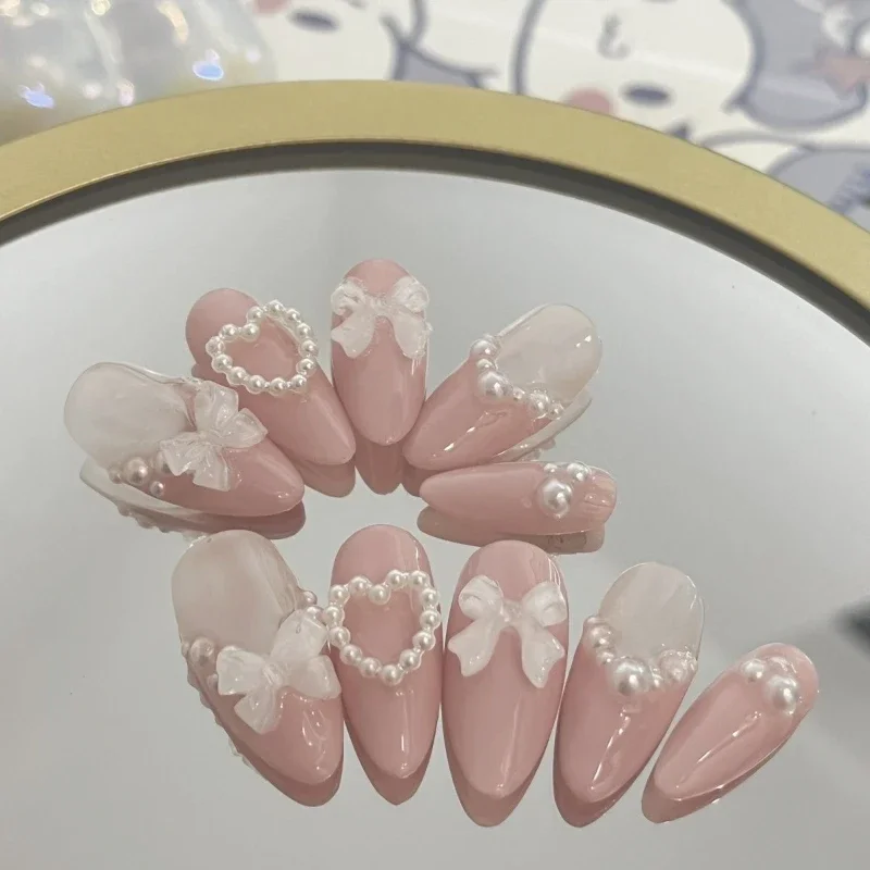 Best of Handmade Custom Made False Nail Art With Pearls And Nows Wearable Nail Pink Almond Style Section Patch Removable Girl Fake Nail Reviews & Tips