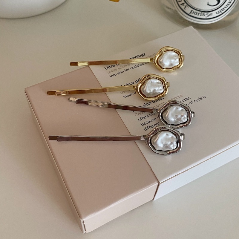 Koreanische Art einfache neue unregelmäßig geformte Perle Haars pangen Legierung Stirn Knall Clip exquisite Seite Clip Haarnadel für Frauen – Detail 2