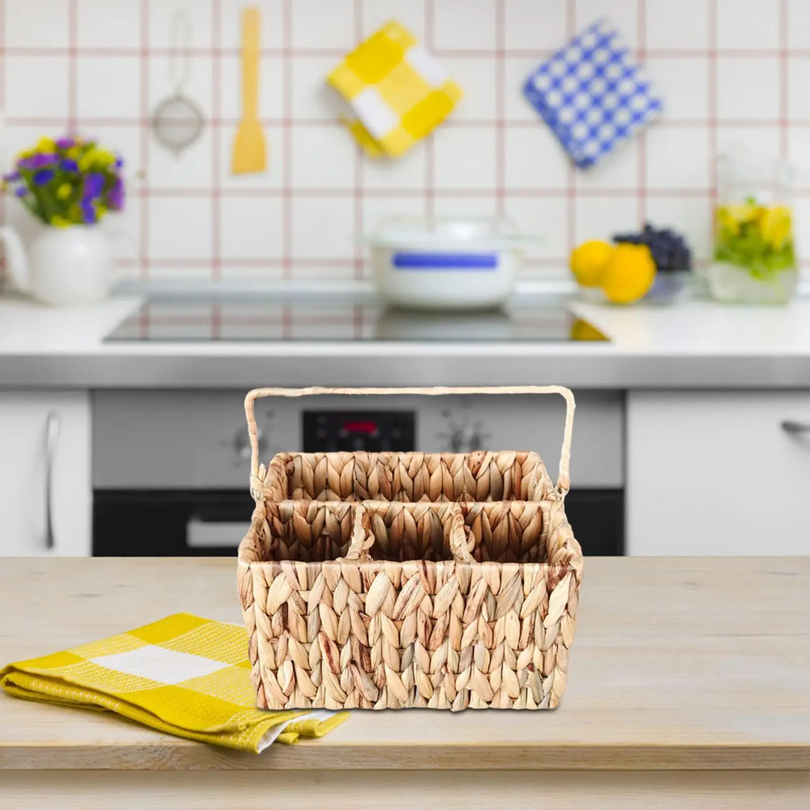 Rattan Woven Divided Storage Basket with Handle Handmade Multipurpose Cosmetics Holder 10x7.9x5.9inch for Restaurants Durable