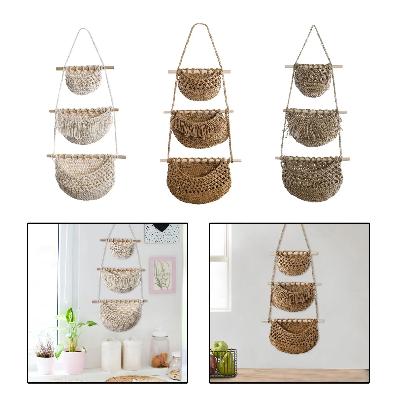 Hanging Fruit Baskets Boho Wall Decor Decorative Macrame Hanging Basket for Organizing Garlic Vegetables Onion Restaurant