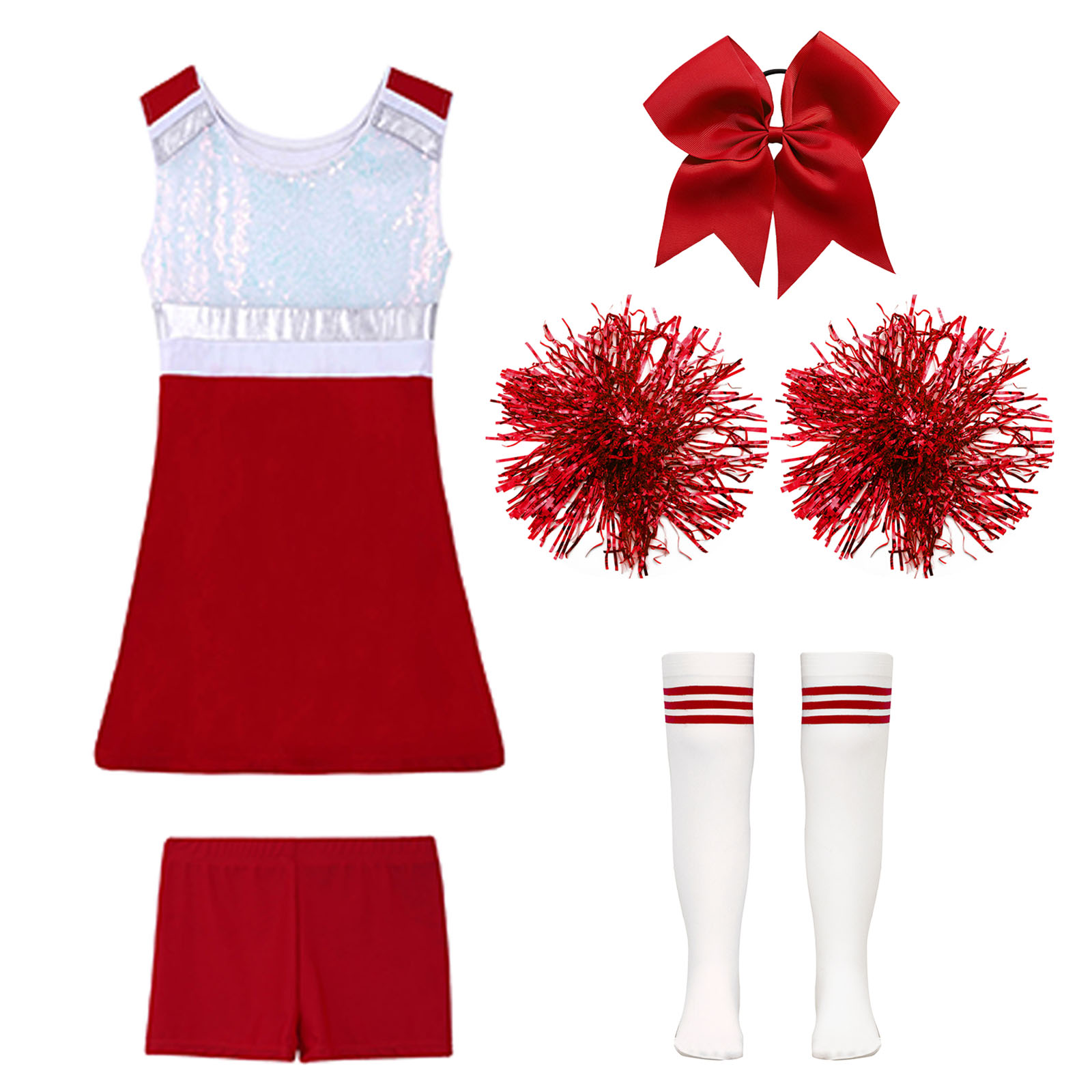 Cheerleader-Kostüm für Mädchen, Cheerleading-Uniform, modernes Tanzoutfit, glänzendes Paillettenkleid mit Shorts, Tanzkleidung – Detail 9