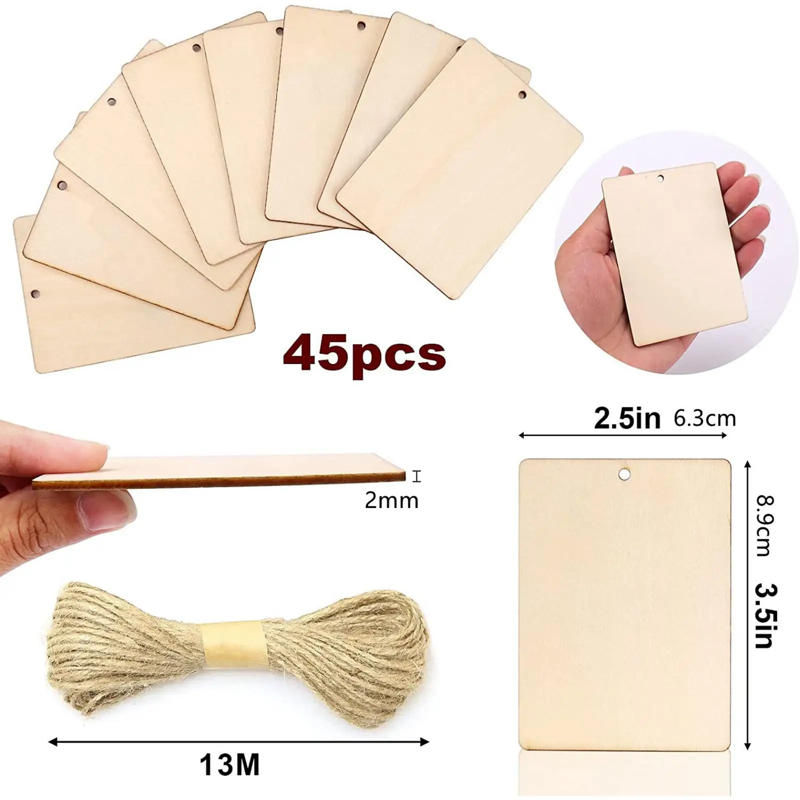 45x Unfinished Hanging Wood Sheets Tags Foods Signs with Hole Blank Wooden Plaque for Party Decoration Festivals DIY Projects