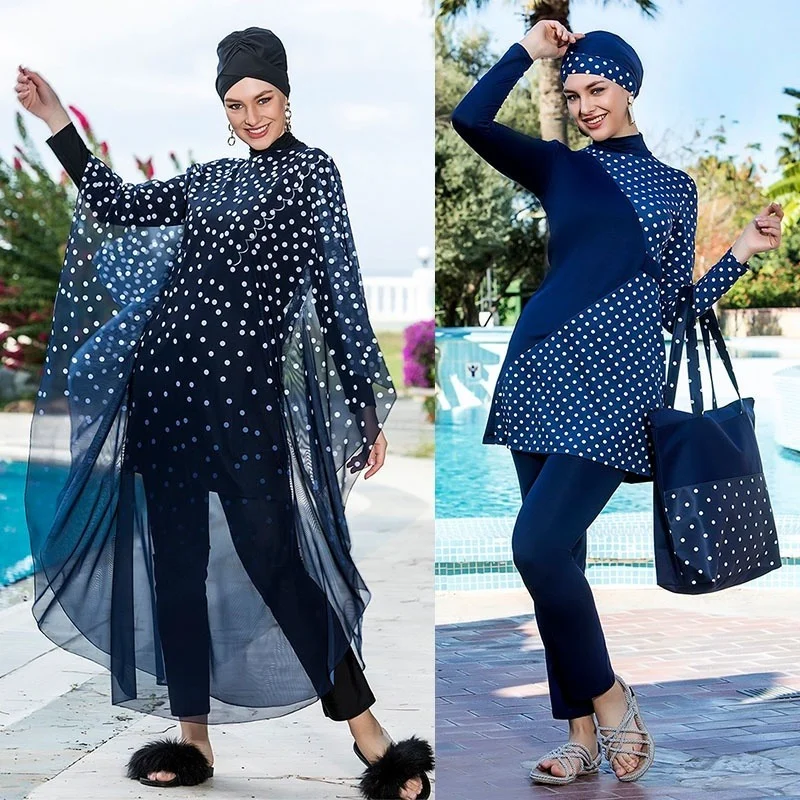 Muslim Clothing 4pcs Set Muslim Swimwear Lslamic Burkinis Wear Bathing Women Modest Patchwork Hijab Long Sleeves Sport Swim Suit
