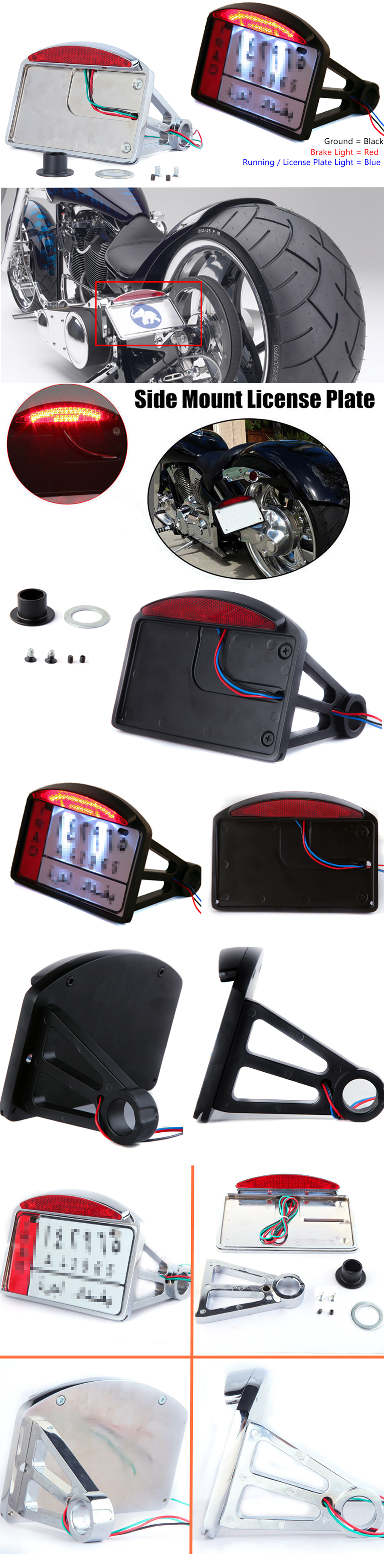 Universal Motorcycle License Plate LED Tail Light Horizontal Side Mount Bracket Holder For Harley Bobber Chopper Custom Touring