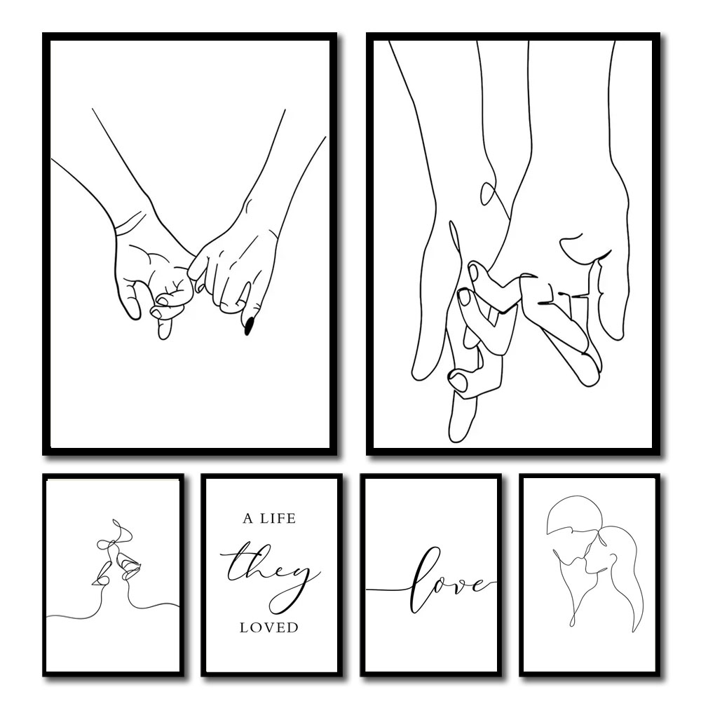 Black White Couple Line Wall Art Canvas Painting Line Drawing Hand Love Kiss Posters and Prints Nordic Picture Living Room Decor