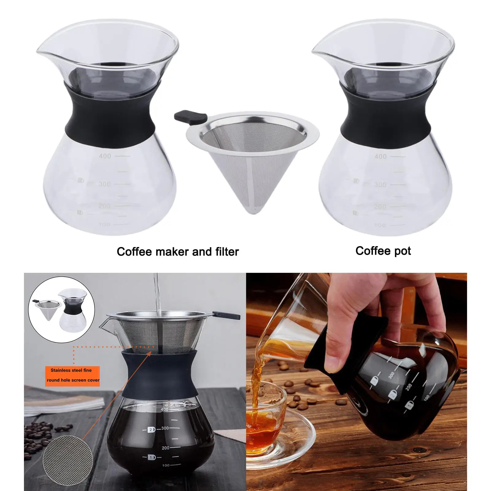 Reusable Filter Coffee Pot Maker Glass Carafe Pour Over